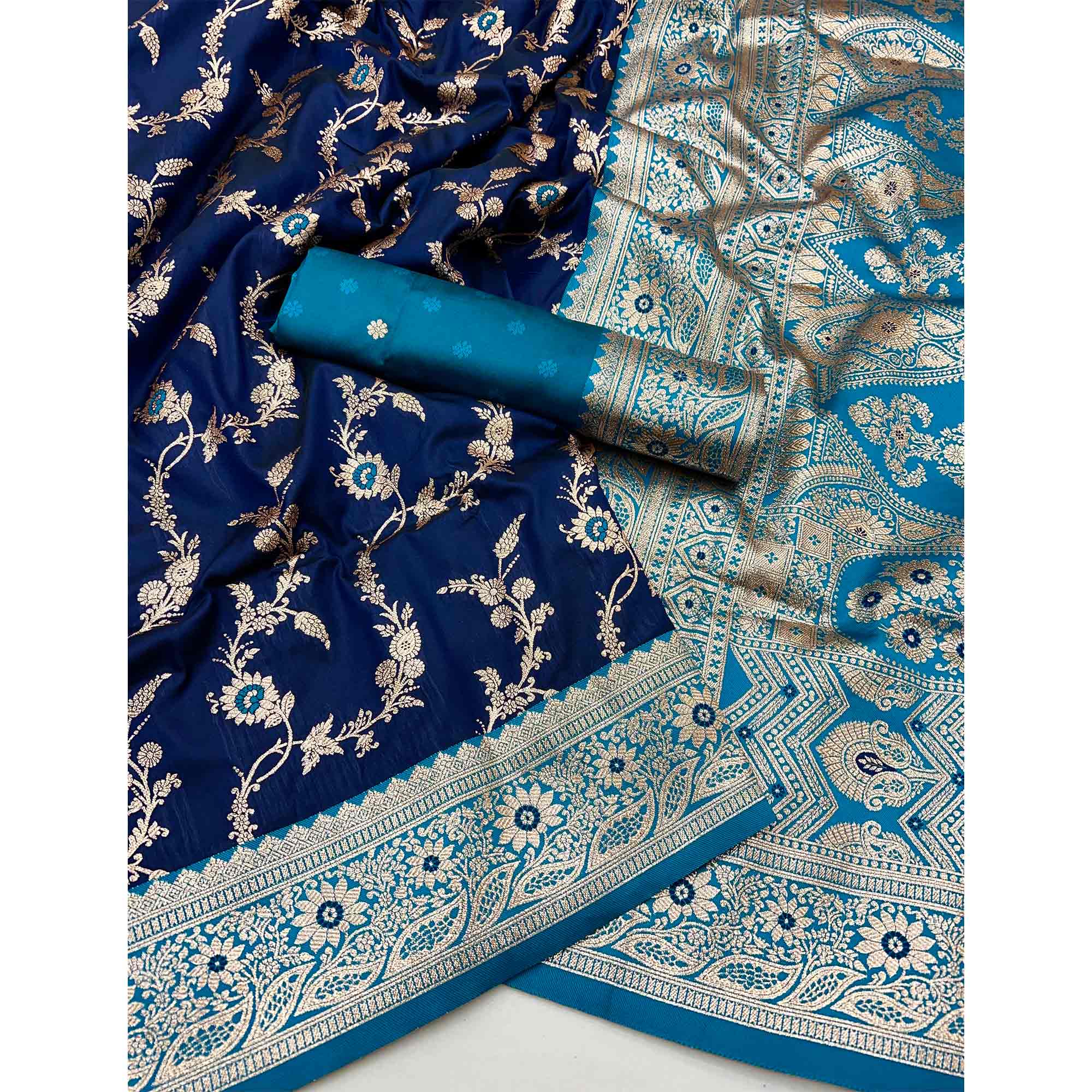 Navy Blue Art Silk Saree With Intricate Floral Banarasi Zari Weaving