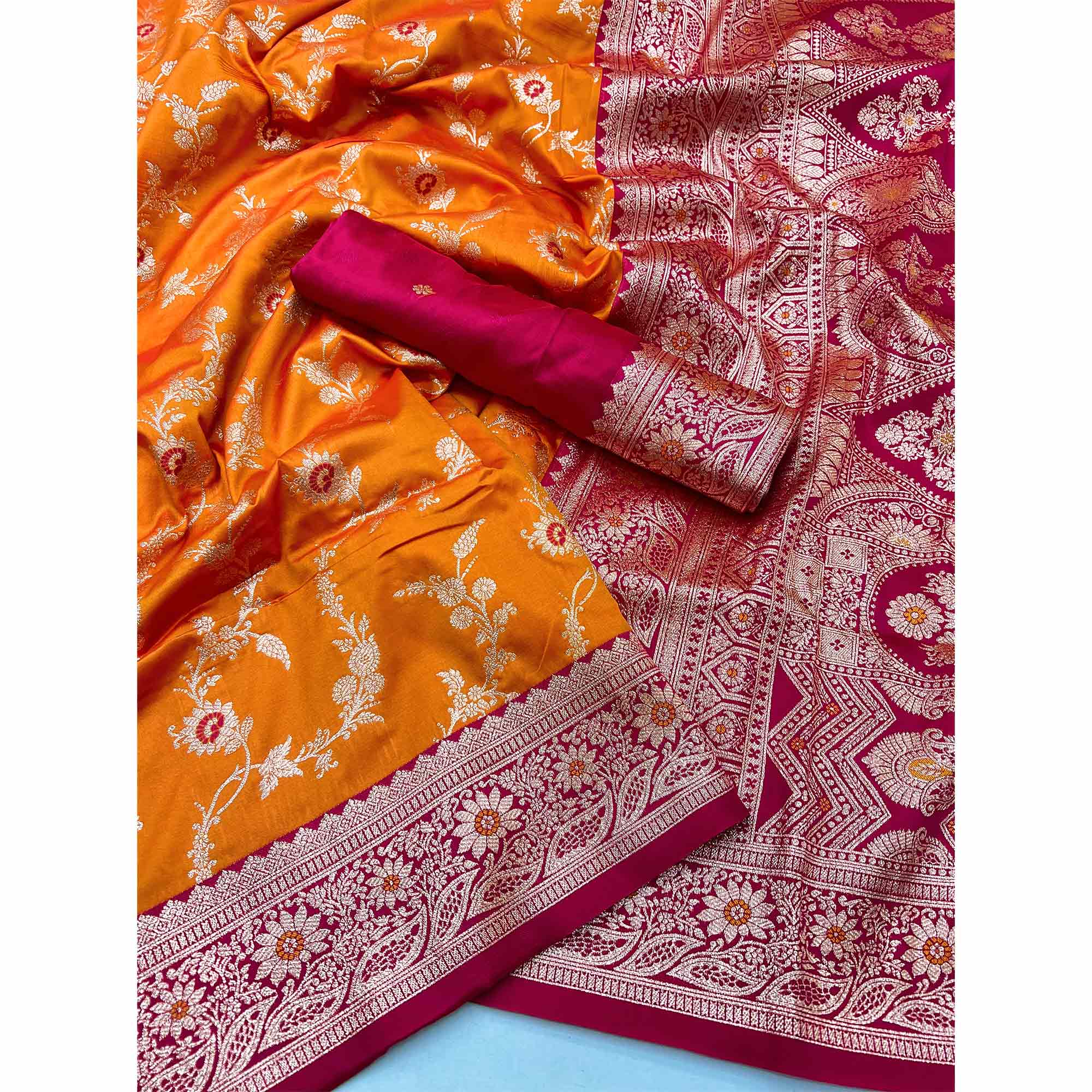 Orange Art Silk Saree With Intricate Floral Banarasi Zari Weaving