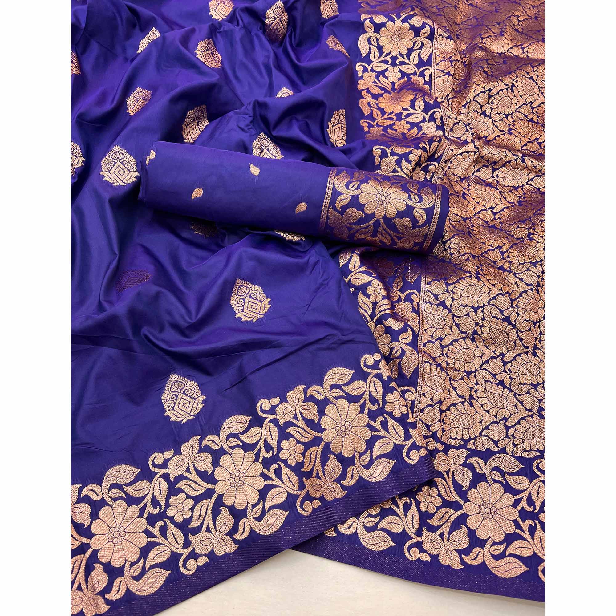 Royal Indigo Blue Art Silk Saree With Intricate Zari Weave & Majestic Banarasi Pallu