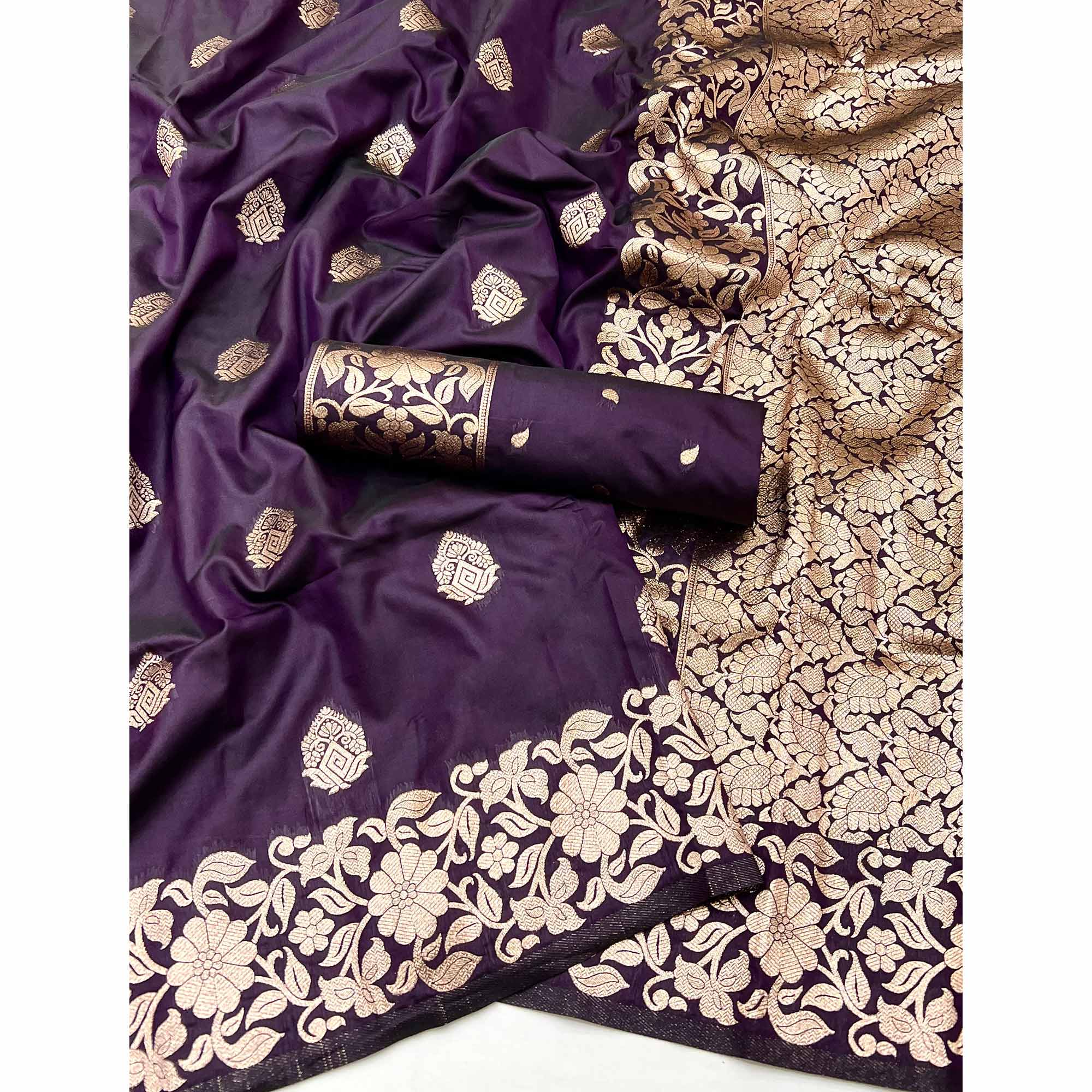 Dark Purple Art Silk Saree With Intricate Zari Weave & Majestic Banarasi Pallu