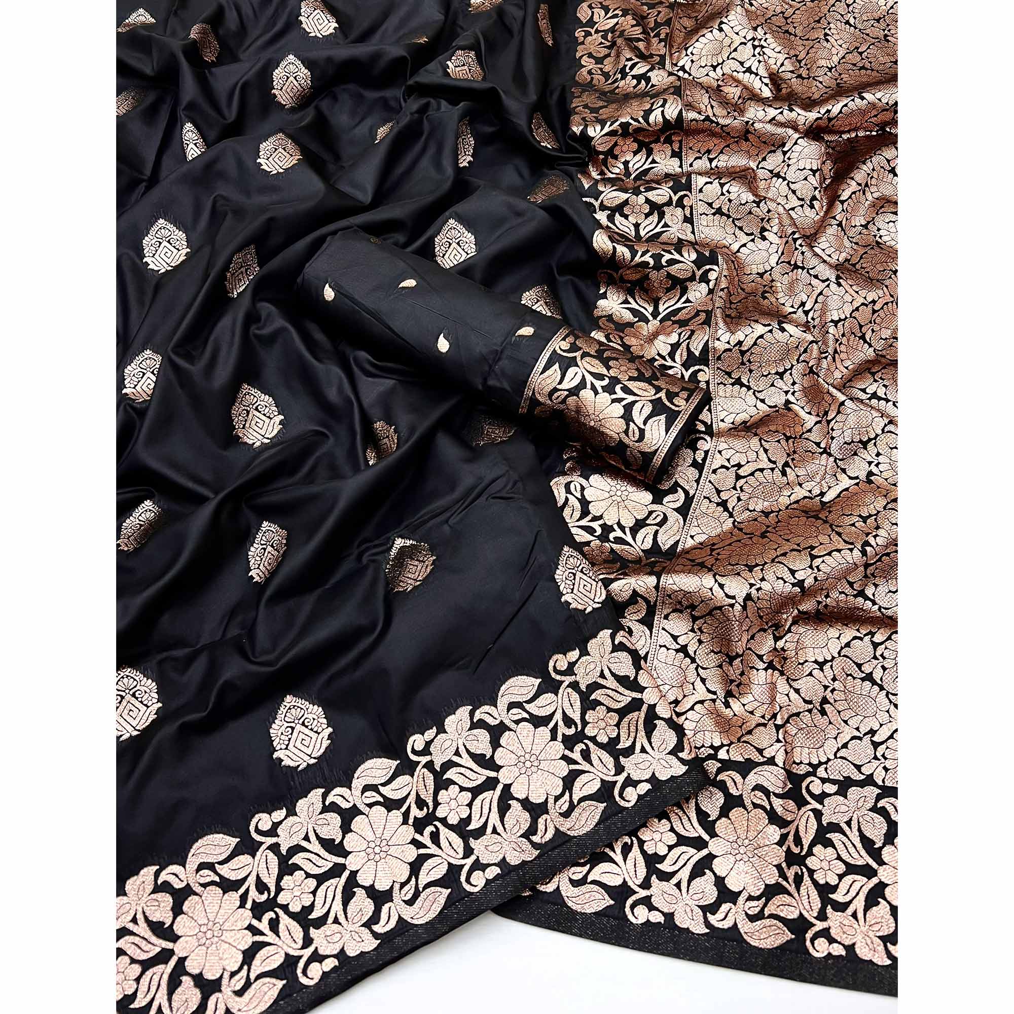 Black Art Silk Saree With Intricate Zari Weave & Majestic Banarasi Pallu