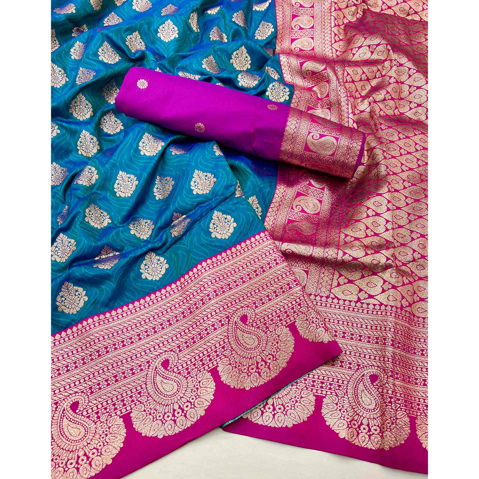 Elegant Zari Woven Morpich Blue Art Silk Saree Accented With A Heritage Banarasi Pallu