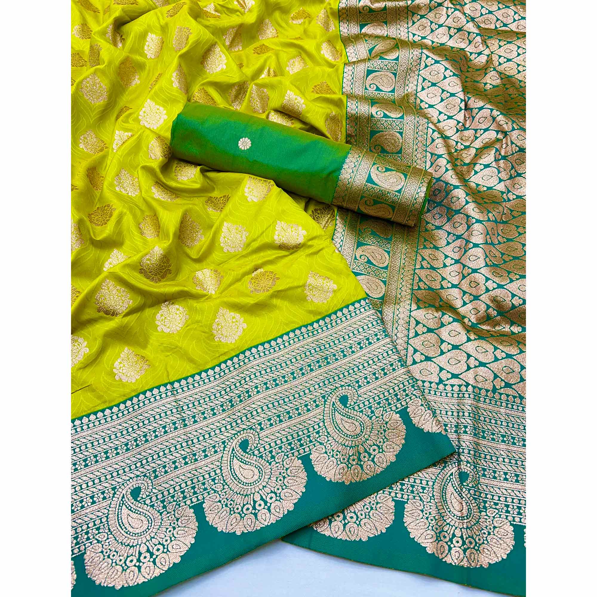 Stunning Zari Woven Parrot Green Art Silk Saree Accented With A Heritage Banarasi Pallu