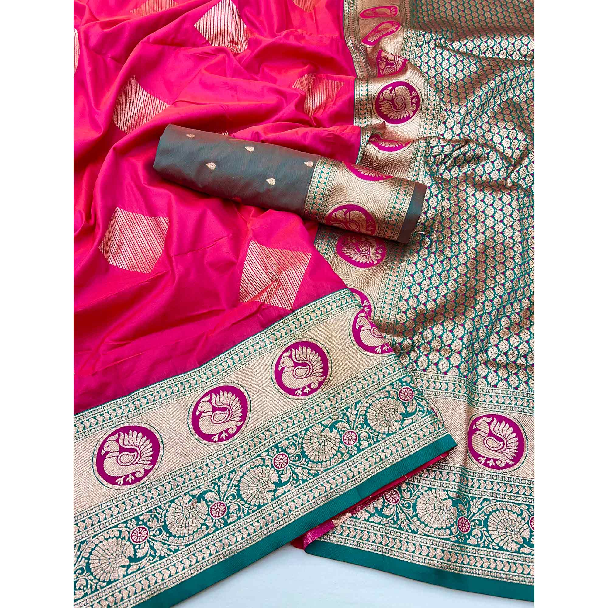 Pink Zari Woven Art Silk Saree With Opulent Banarasi Pallu Work