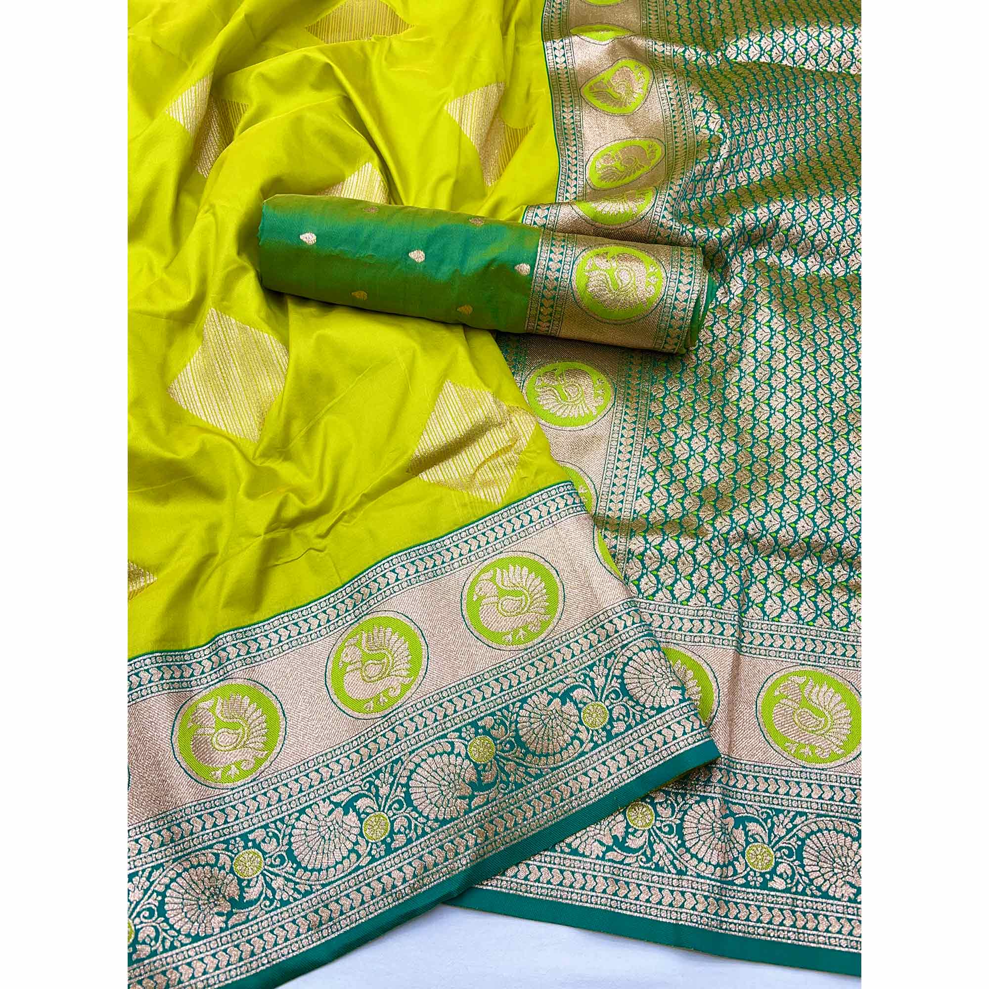 Parrot Green Zari Woven Art Silk Saree With Opulent Banarasi Pallu Work