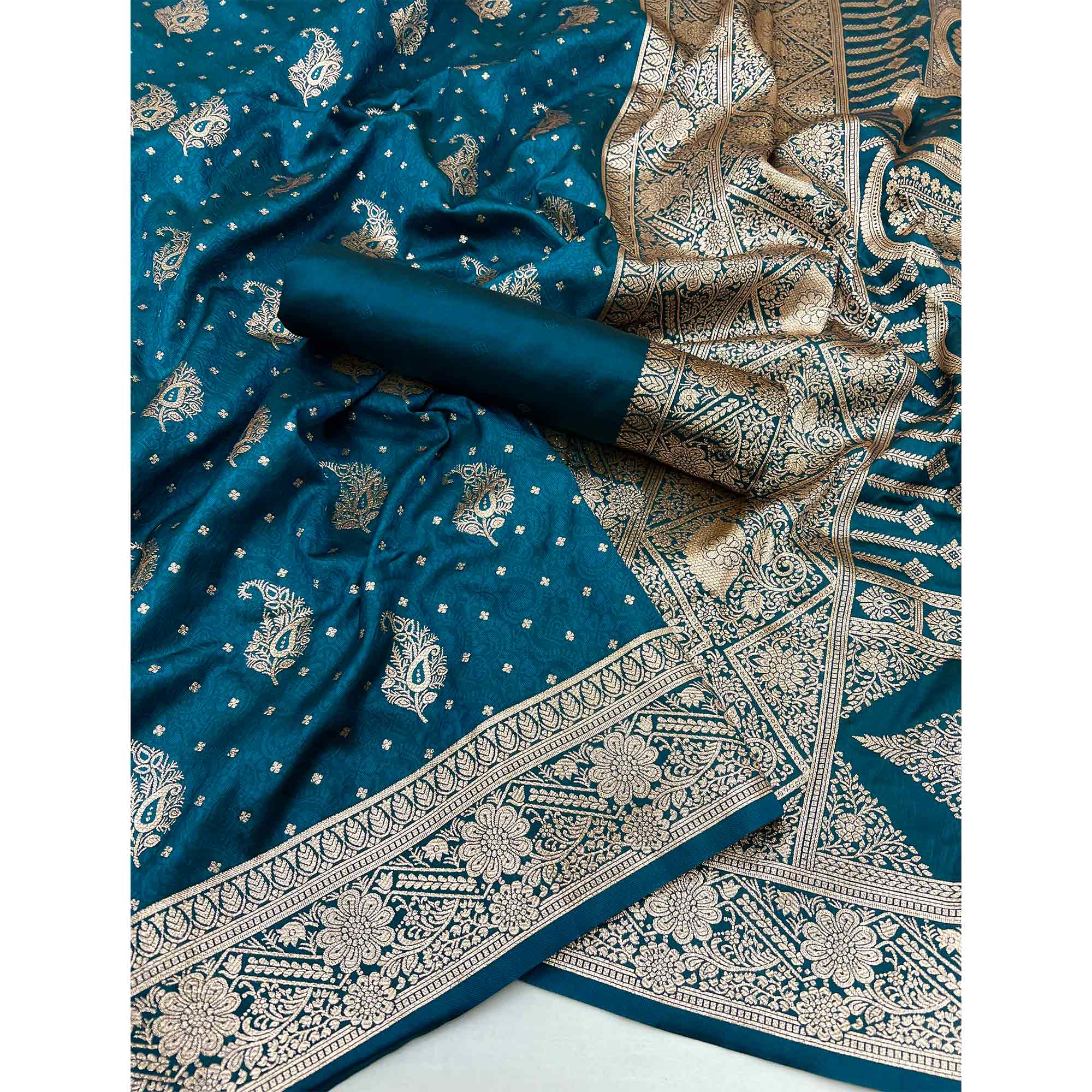 Teal Zari Woven Saree in Soft Art Silk with Heritage Paisley Designs