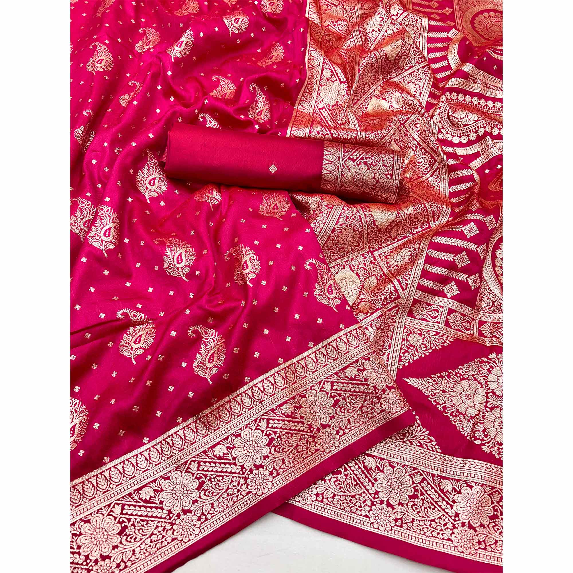 Pink Zari Woven Saree in Soft Art Silk with Heritage Paisley Designs