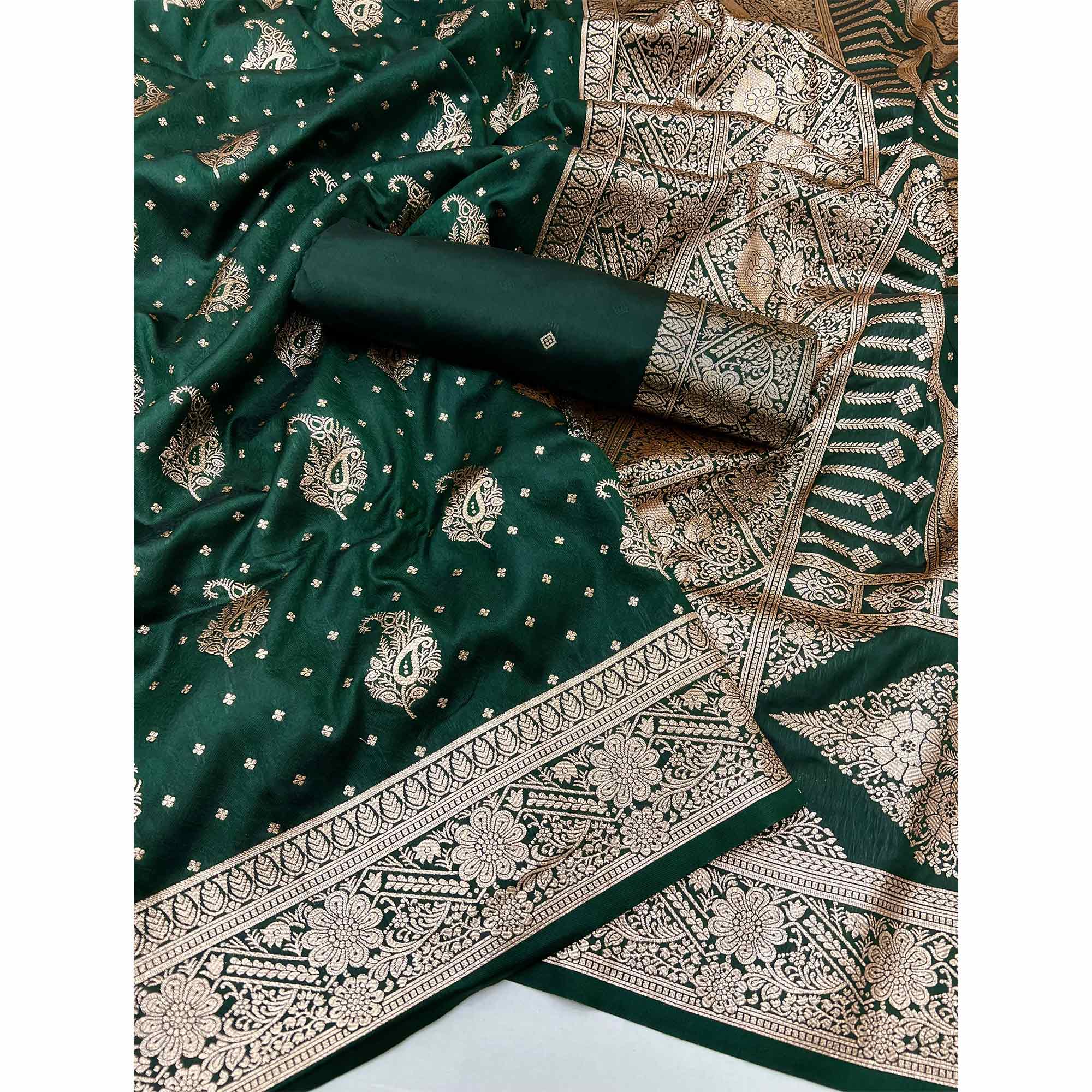 Green Zari Woven Saree in Soft Art Silk with Heritage Paisley Designs
