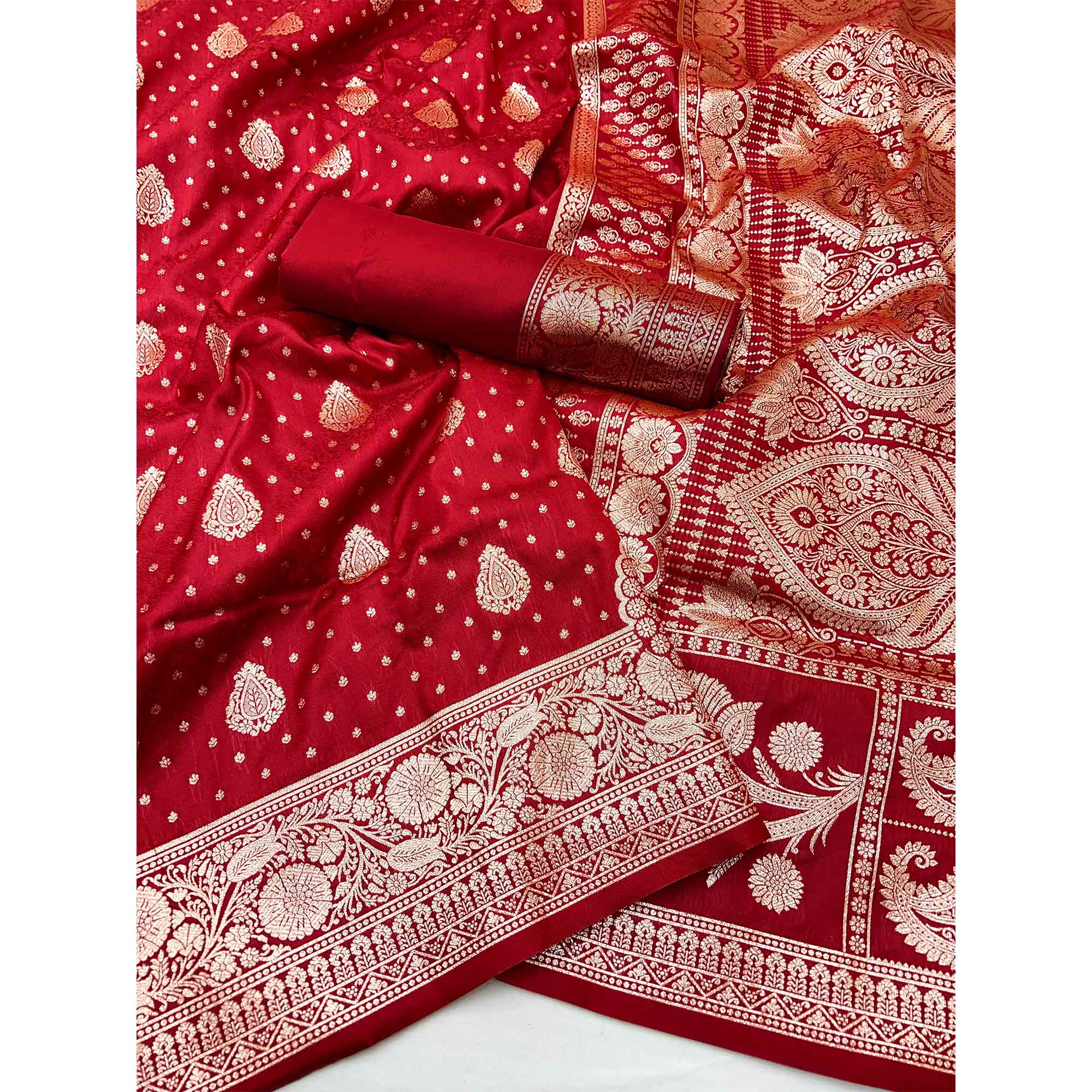 Red Art Silk Saree with Graceful Zari Floral Designs for Wedding and Festive Wear