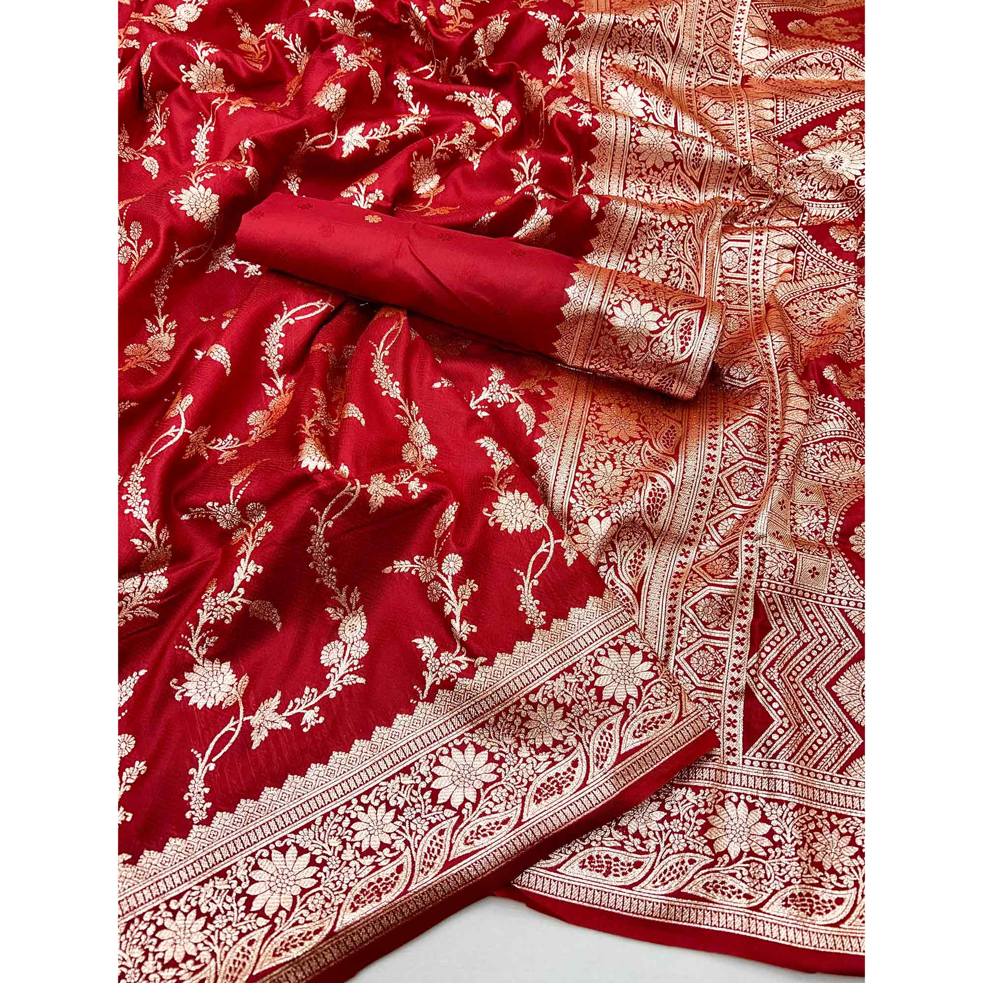 Red Saree in Art Silk Featuring Traditional Zari Woven Floral Motifs for Special Occasions