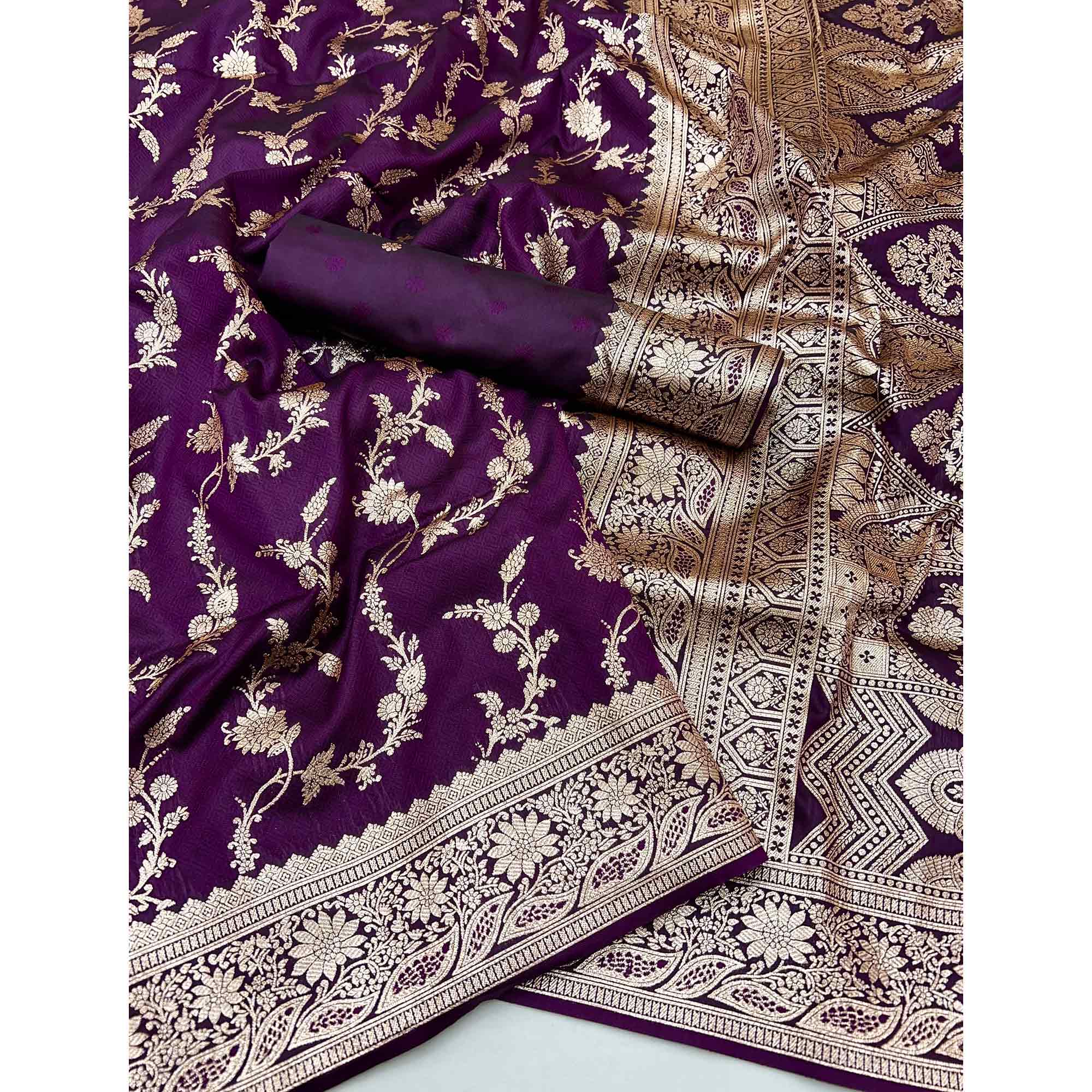 Purple Saree in Art Silk Featuring Traditional Zari Woven Floral Motifs for Special Occasions