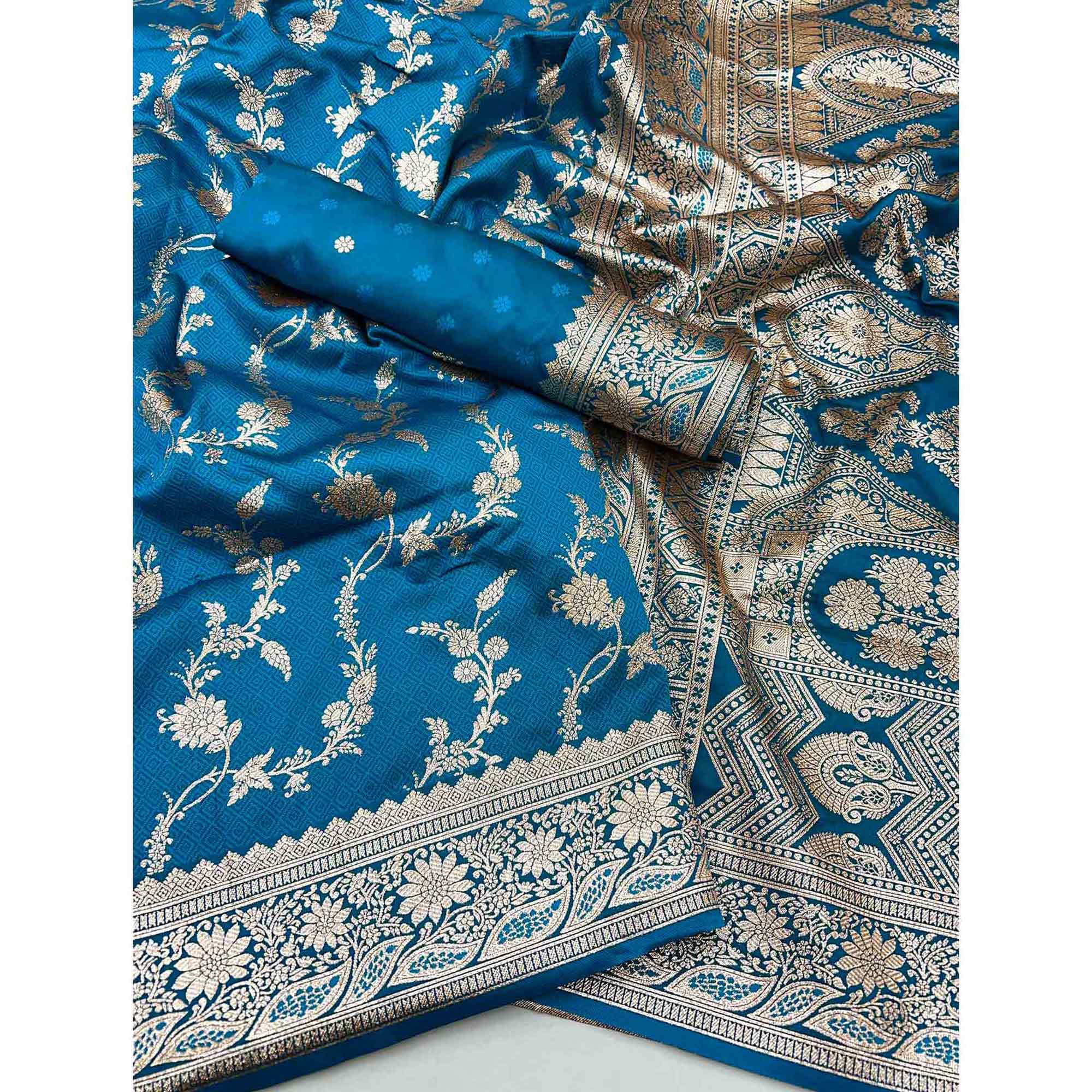 Blue Saree in Art Silk Featuring Traditional Zari Woven Floral Motifs for Special Occasions