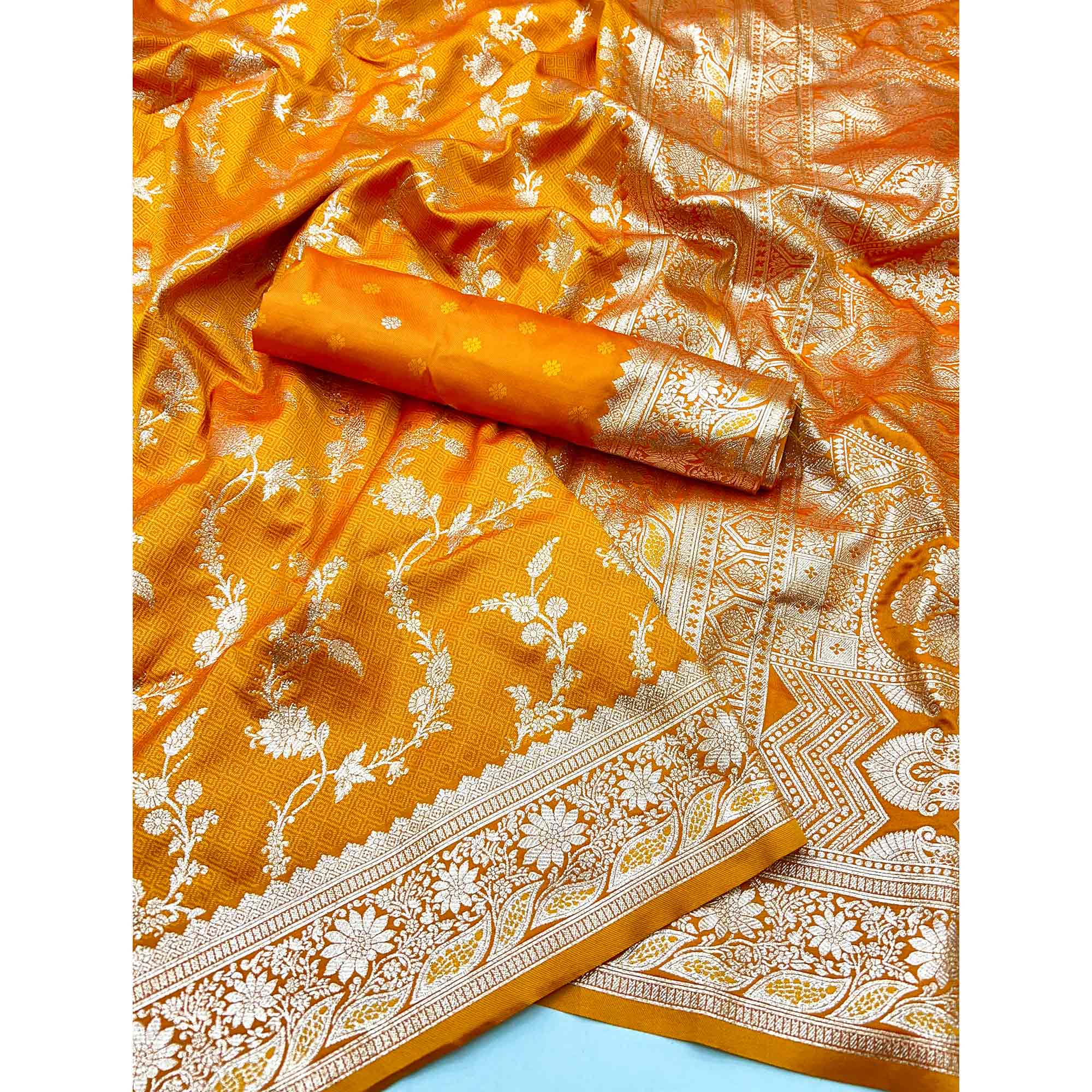 Mustard Saree in Art Silk Featuring Traditional Zari Woven Floral Motifs for Special Occasions