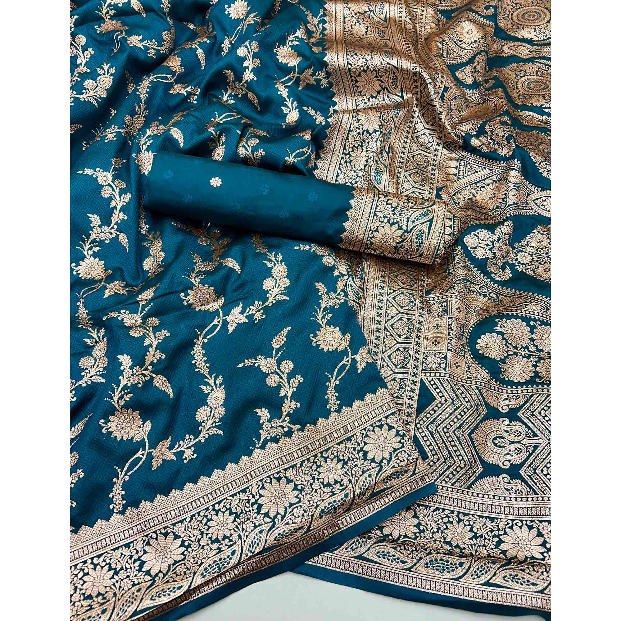 Teal Saree in Art Silk Featuring Traditional Zari Woven Floral Motifs for Special Occasions