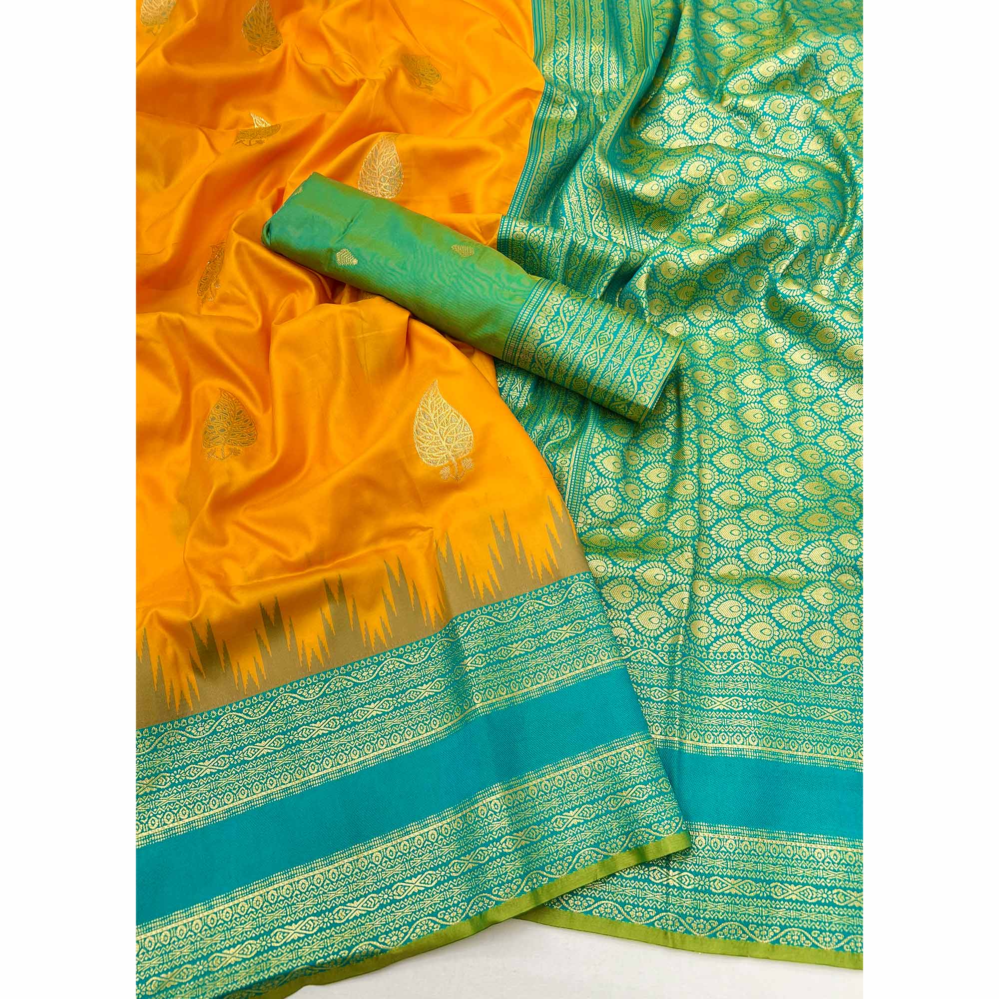 Mustard Zari Woven Art Silk Saree Featuring Delicate Floral Motifs & Regal Banarasi Pallu