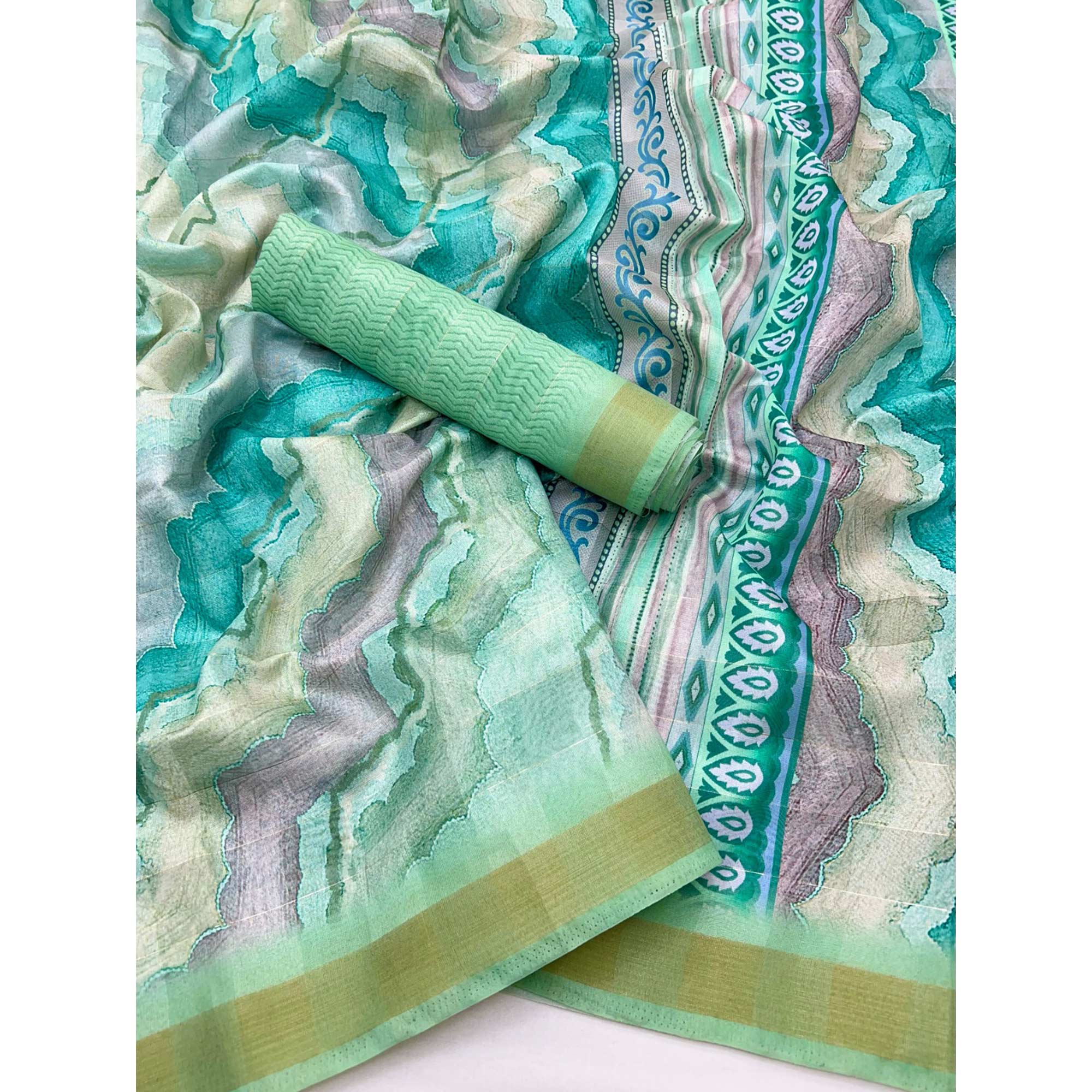Rama Green Cotton Silk Saree With Artistic Digital Prints & Zari Weaving