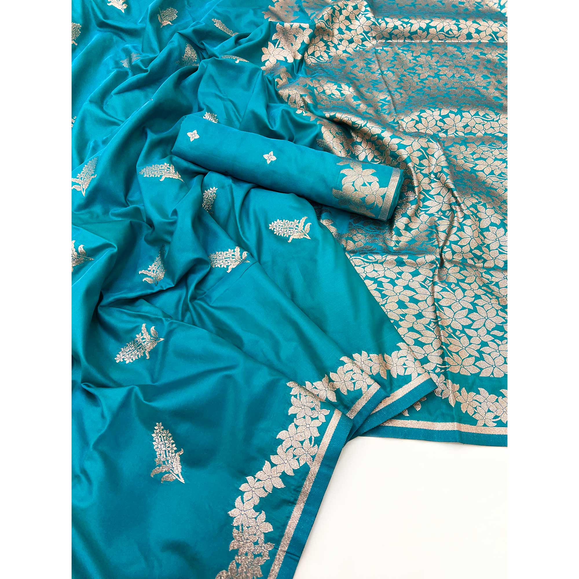 Rama Blue Art Silk Saree With Intricate Floral Zari Weaving & Banarasi Pallu