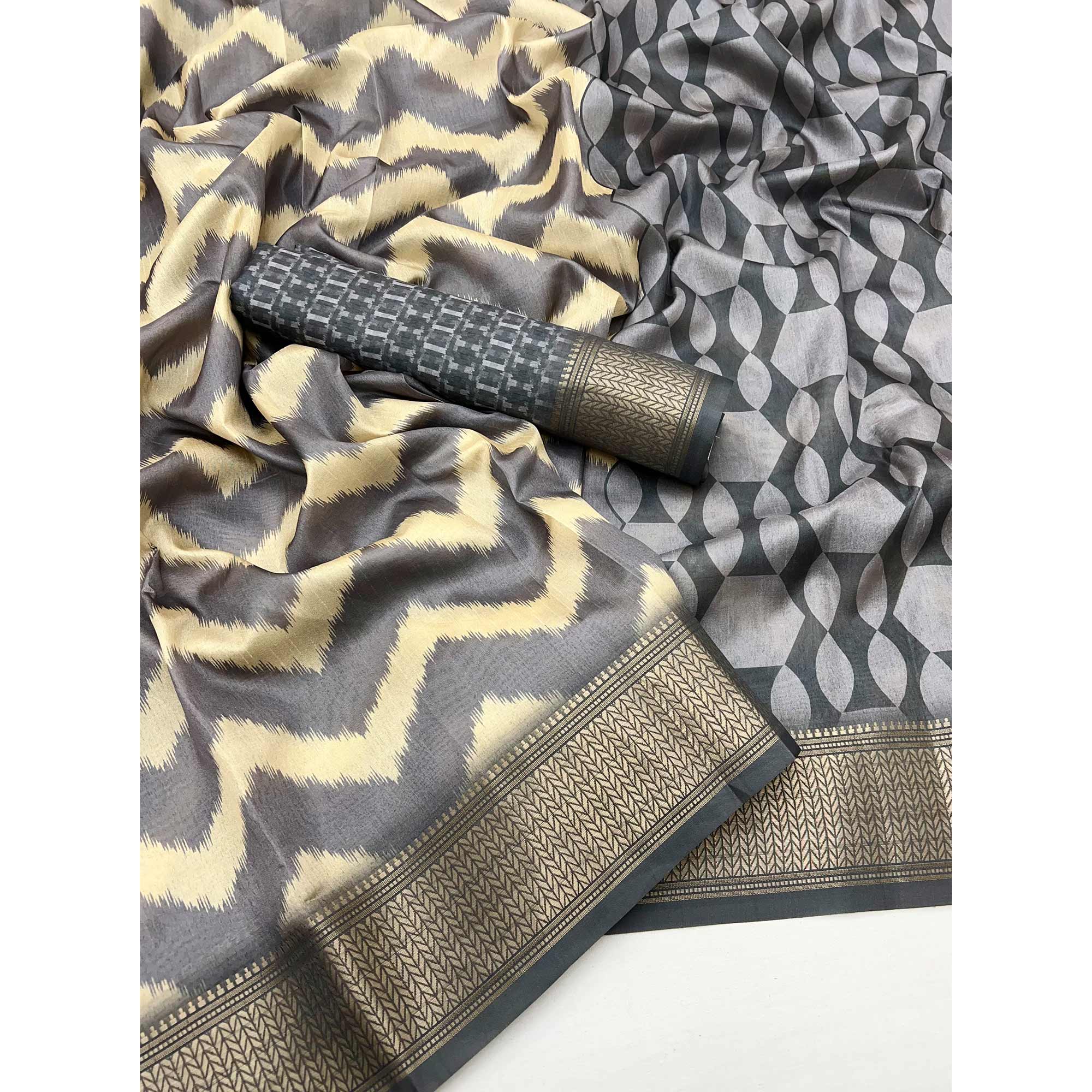 Grey Digital Printed Dola Silk Saree Accented With Elegant Zari Woven Border