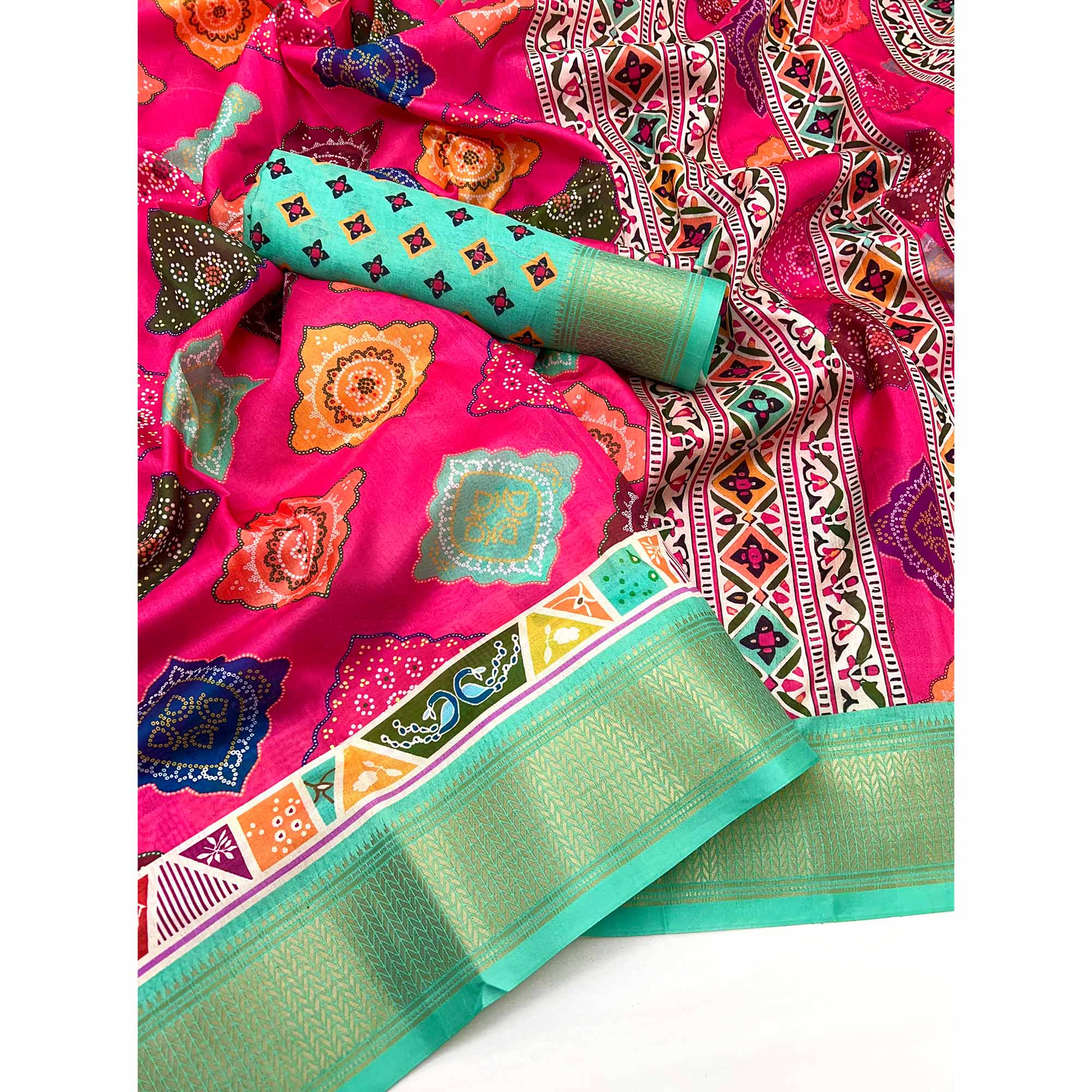 Pink Bandhani Digital Printed Dola Silk Saree Accented With Elegant Zari Woven Border