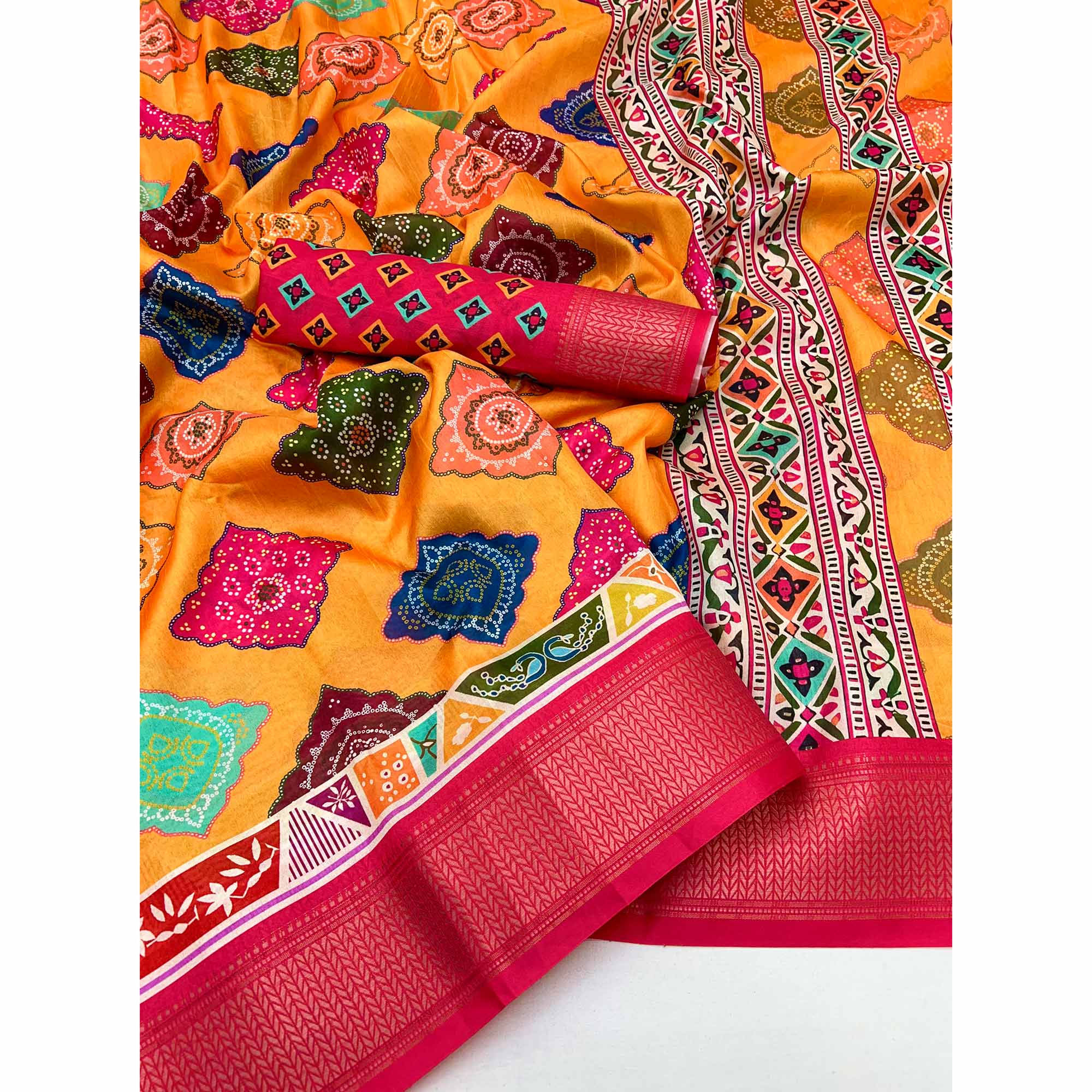 Mustard Bandhani Digital Printed Dola Silk Saree Accented With Elegant Zari Woven Border