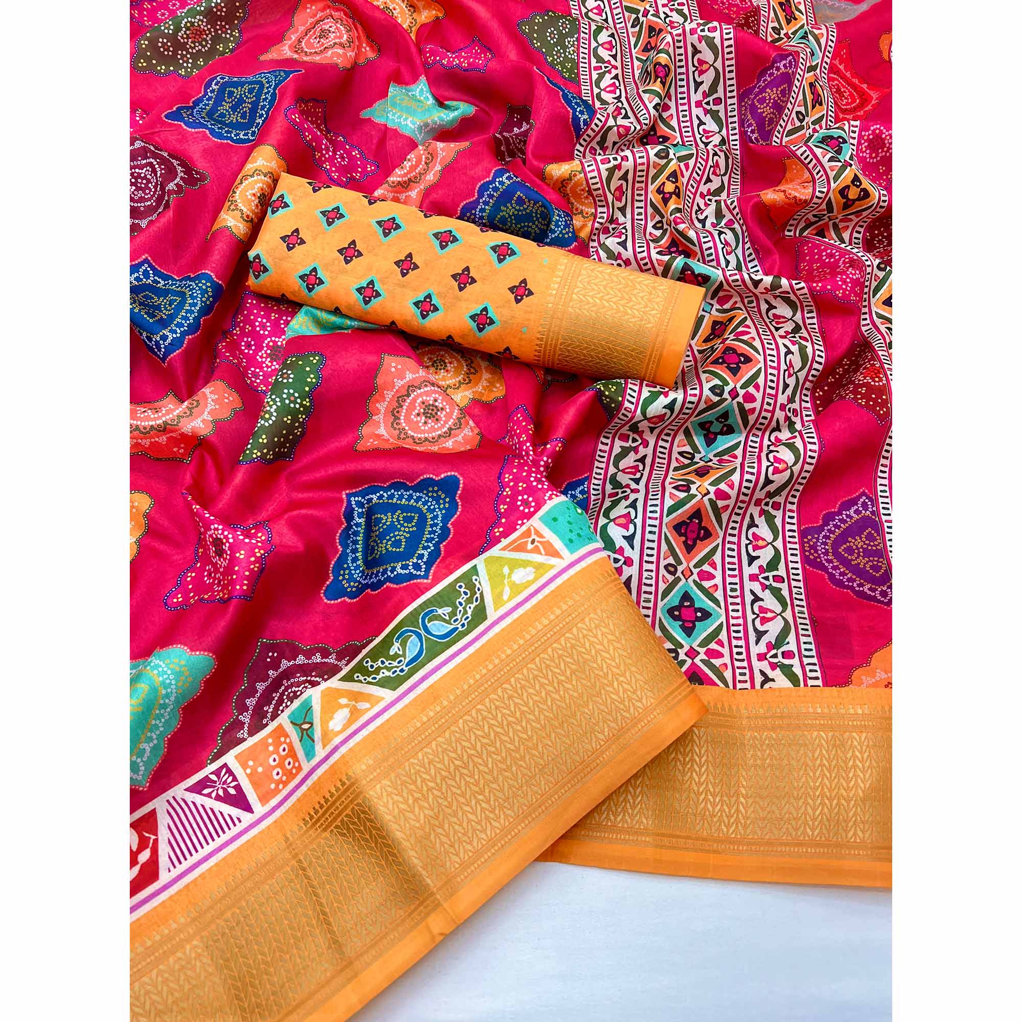 Cherry Red Bandhani Digital Printed Dola Silk Saree Accented With Elegant Zari Woven Border