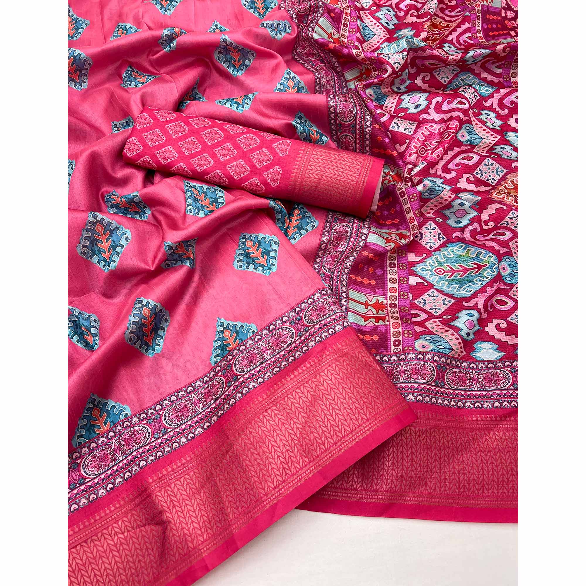 Pink Digital Printed Dola Silk Saree Adorned With Zari Weaving Border & Tassel Pallu