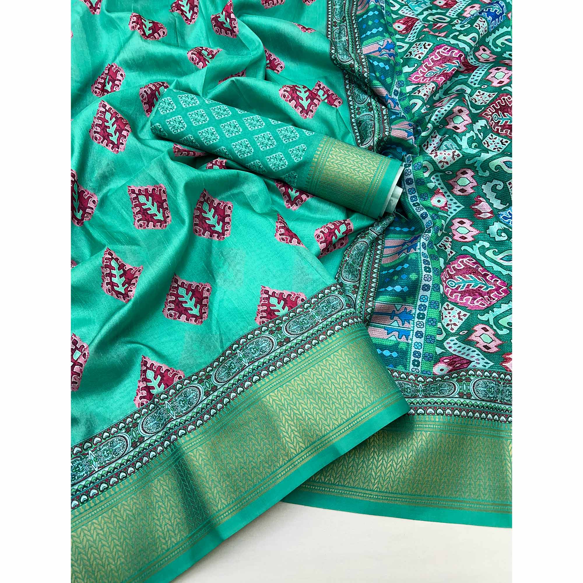 Rama Green Digital Printed Dola Silk Saree Adorned With Zari Weaving Border & Tassel Pallu