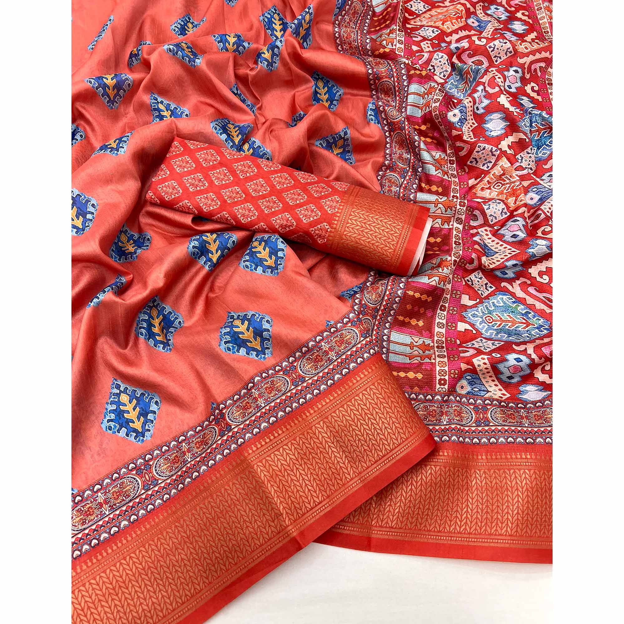 Orange Digital Printed Dola Silk Saree Adorned With Zari Weaving Border & Tassel Pallu