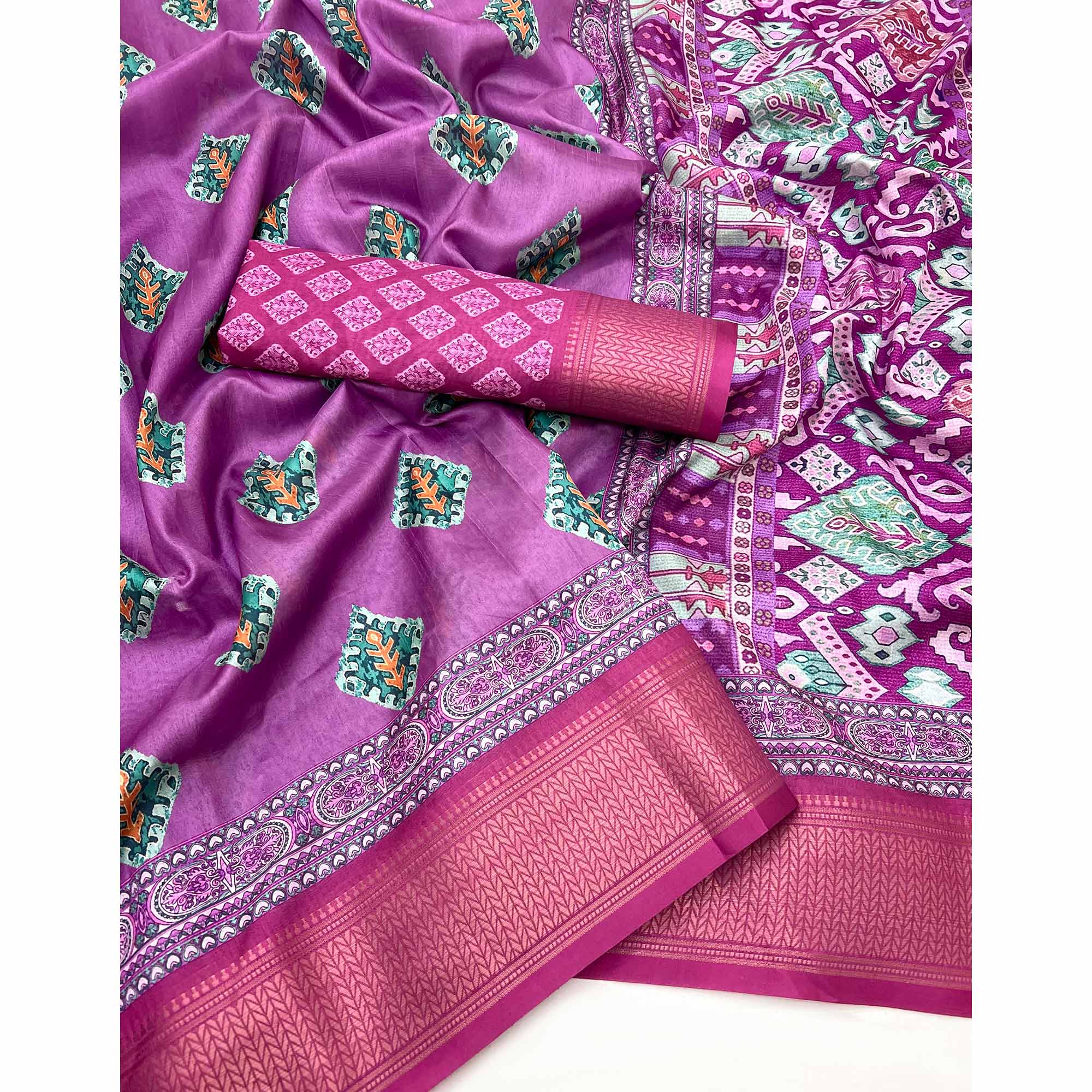 Purple Digital Printed Dola Silk Saree Adorned With Zari Weaving Border & Tassel Pallu