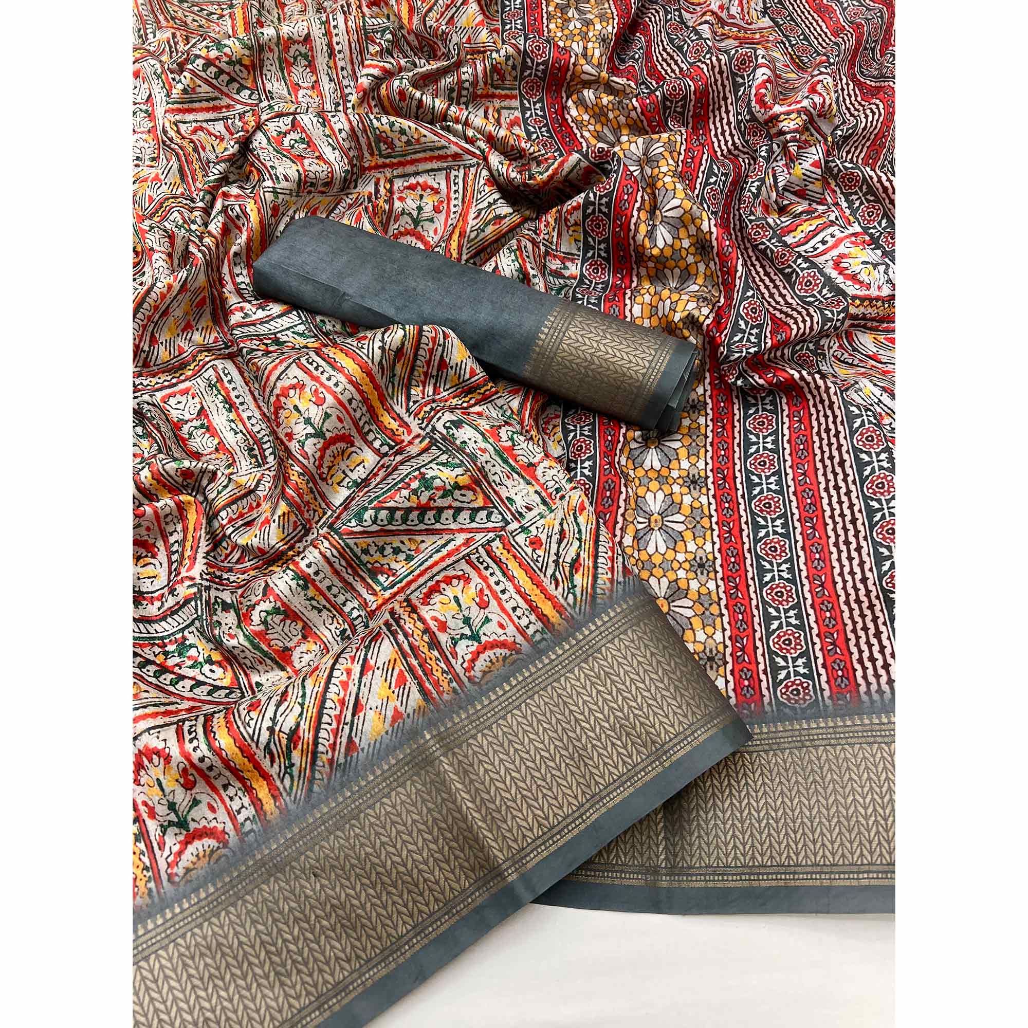 Grey Digital Printed Dola Silk Saree With Intricate Zari Weaving Border & Tassel Pallu