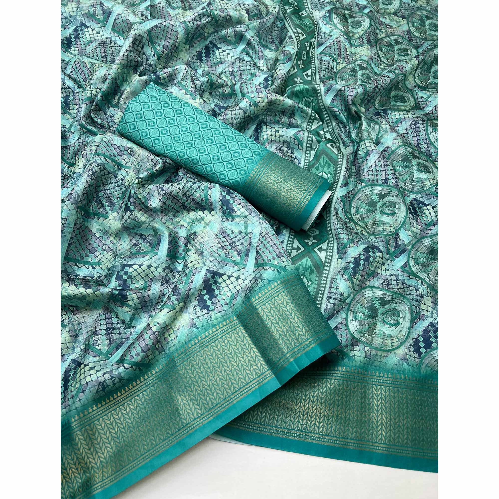 Turquoise Digital Printed Saree In Dola Silk With Shimmering Zari Border & Tassel Pallu