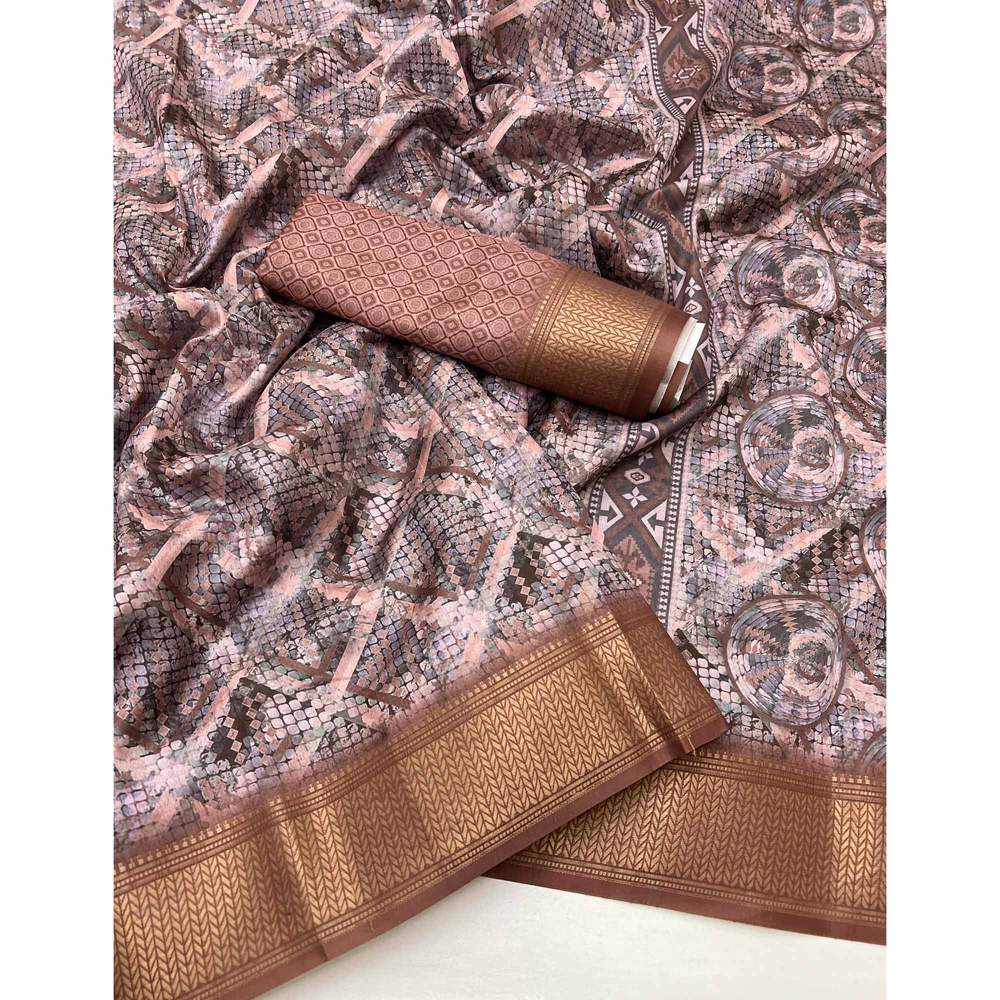 Brown Digital Printed Saree In Dola Silk With Shimmering Zari Border & Tassel Pallu