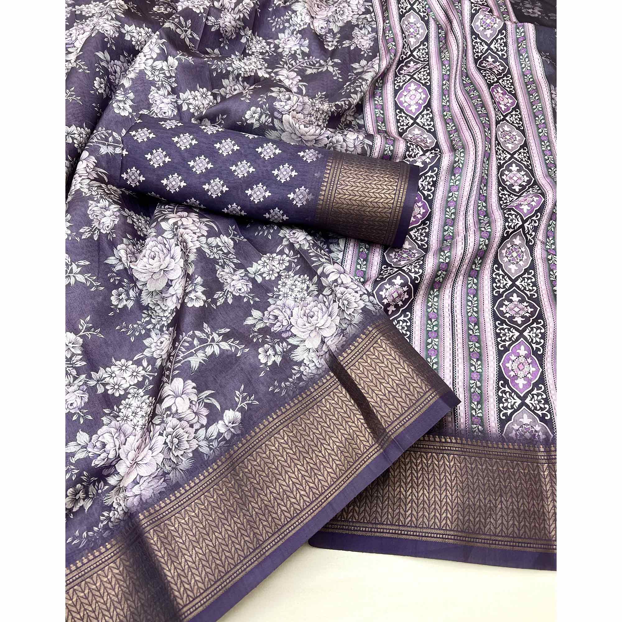 Dark lavender Dola Silk Saree With Floral Digital Prints & Elegant Zari Weaving Border