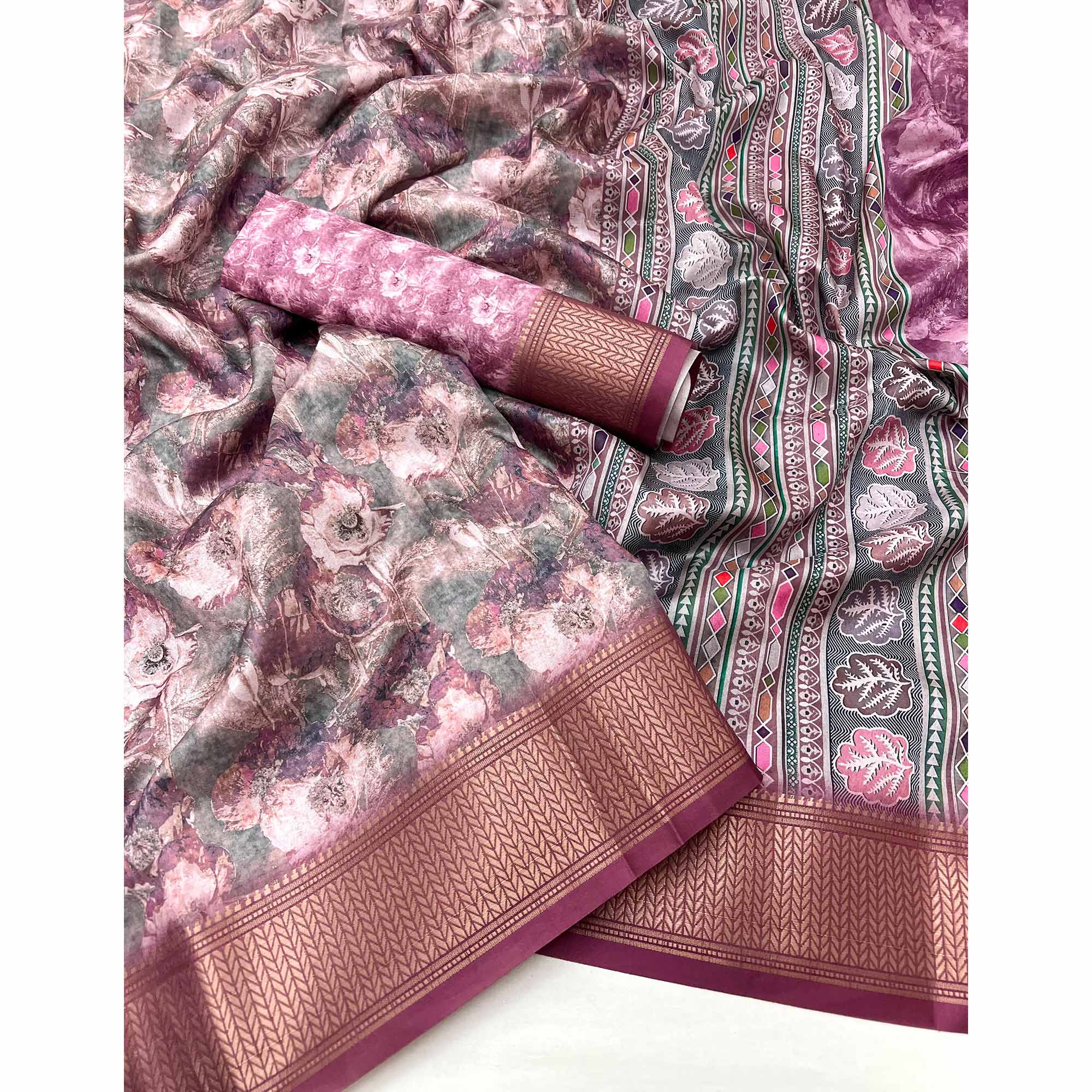 Smyrna Purple Elegance In Dola Saree Featuring Blooming Digital Prints & Zari Border & Tassel Pallu