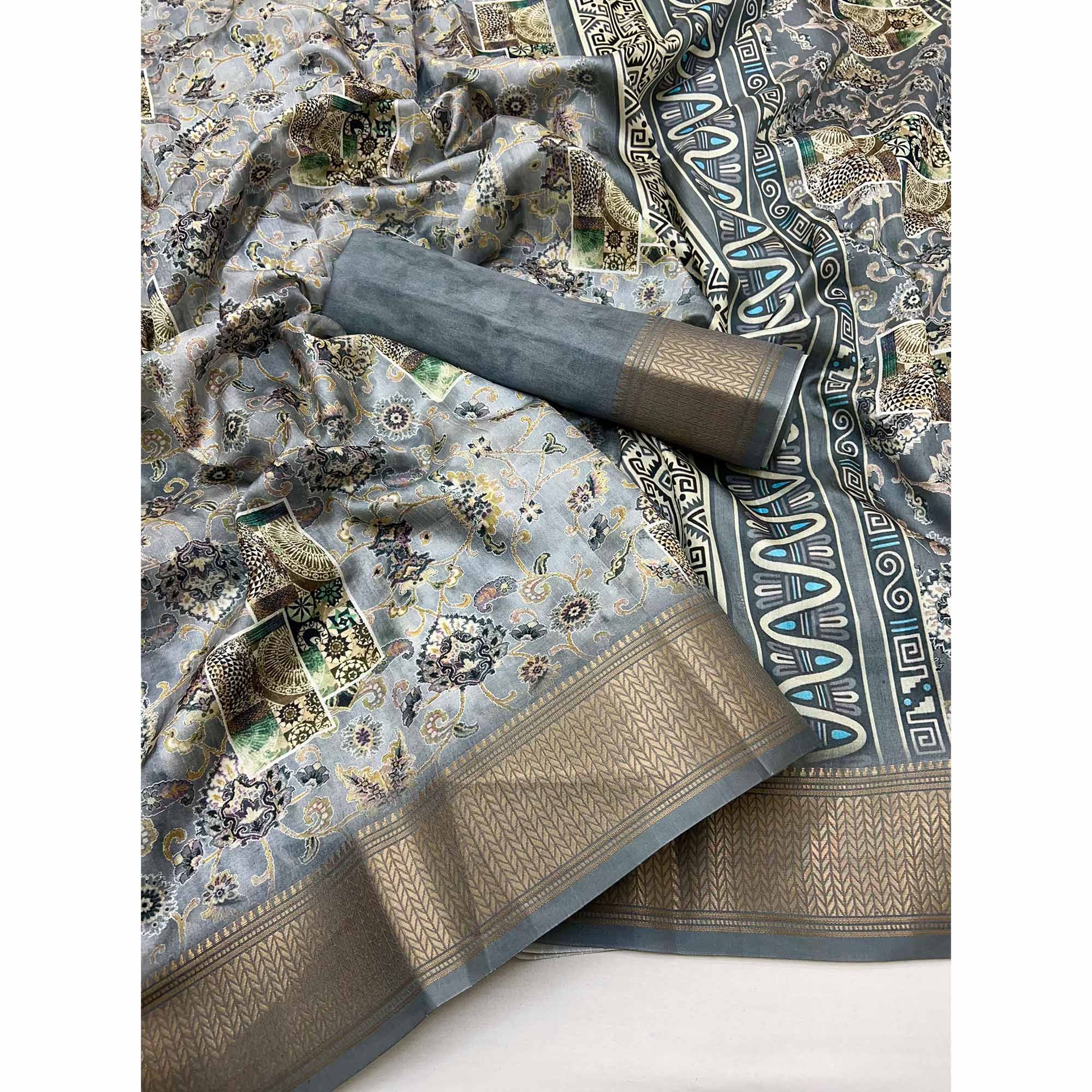 Grey Floral Digital Printed Saree In Dola Silk With Shimmering Zari Border & Tassel
