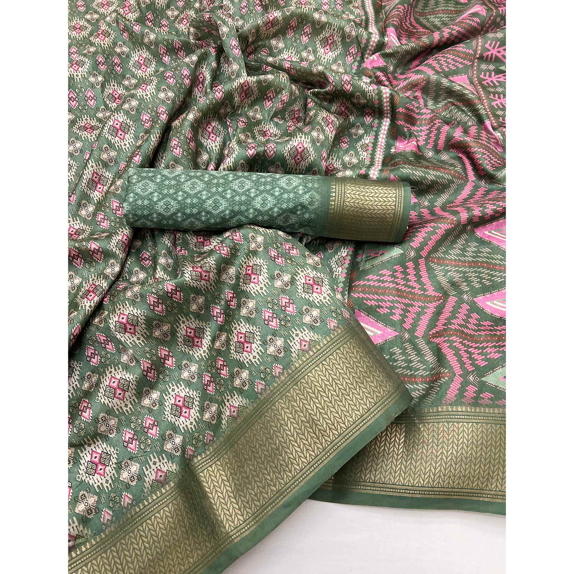 Green Dola Silk Saree With Intricate Digital Prints & Zari Woven Border