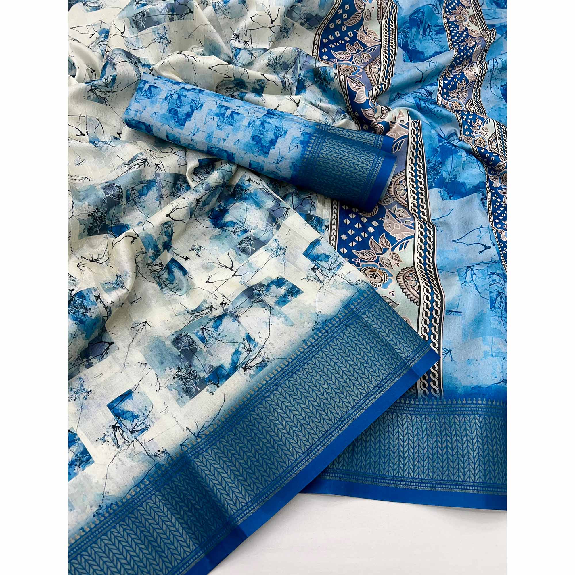Blue Digital Printed Dola Saree Featuring Elegant Weaving Border & Stylish Tassel Pallu