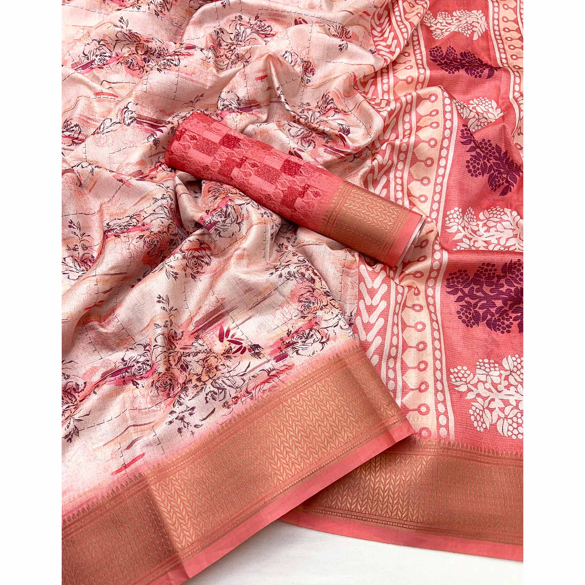 Floral Digital Printed Peach Dola Silk Saree Accented With Intricate Woven Border & Tassel Pallu