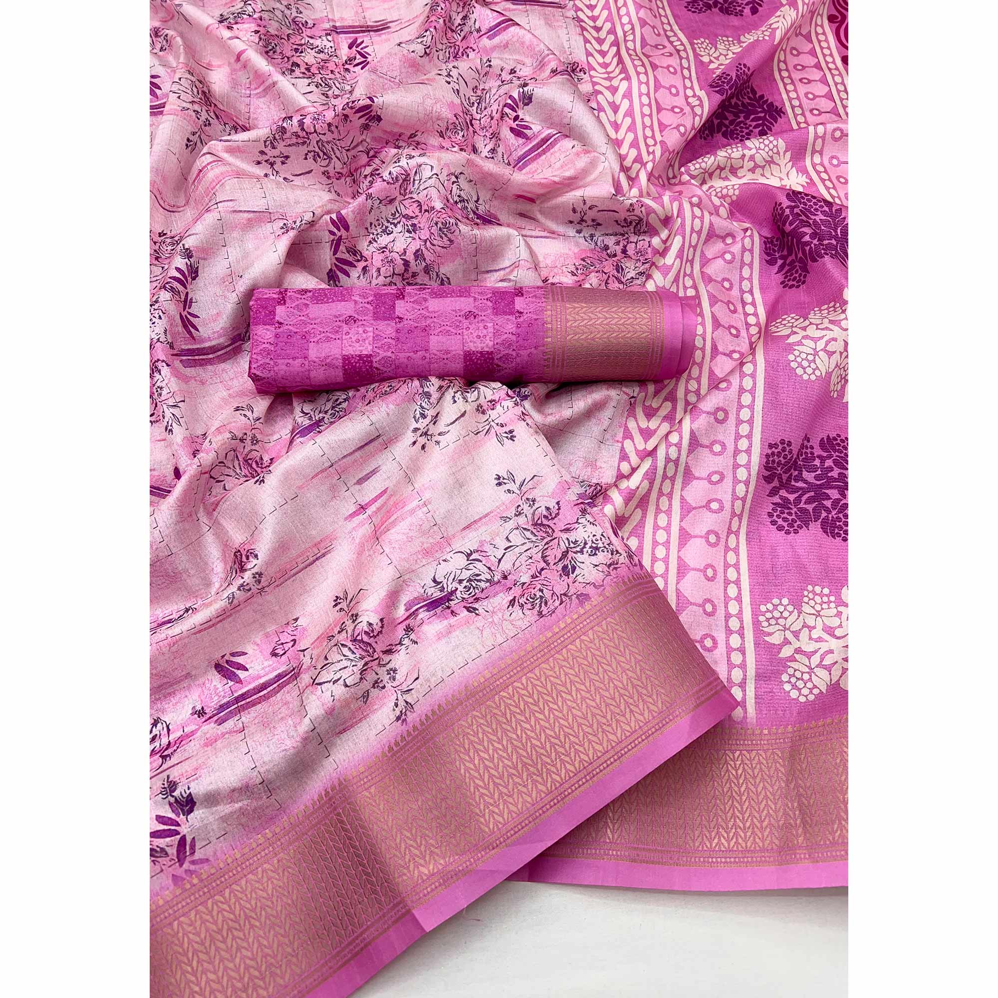 Floral Digital Printed Pink Dola Silk Saree Accented With Intricate Woven Border & Tassel Pallu