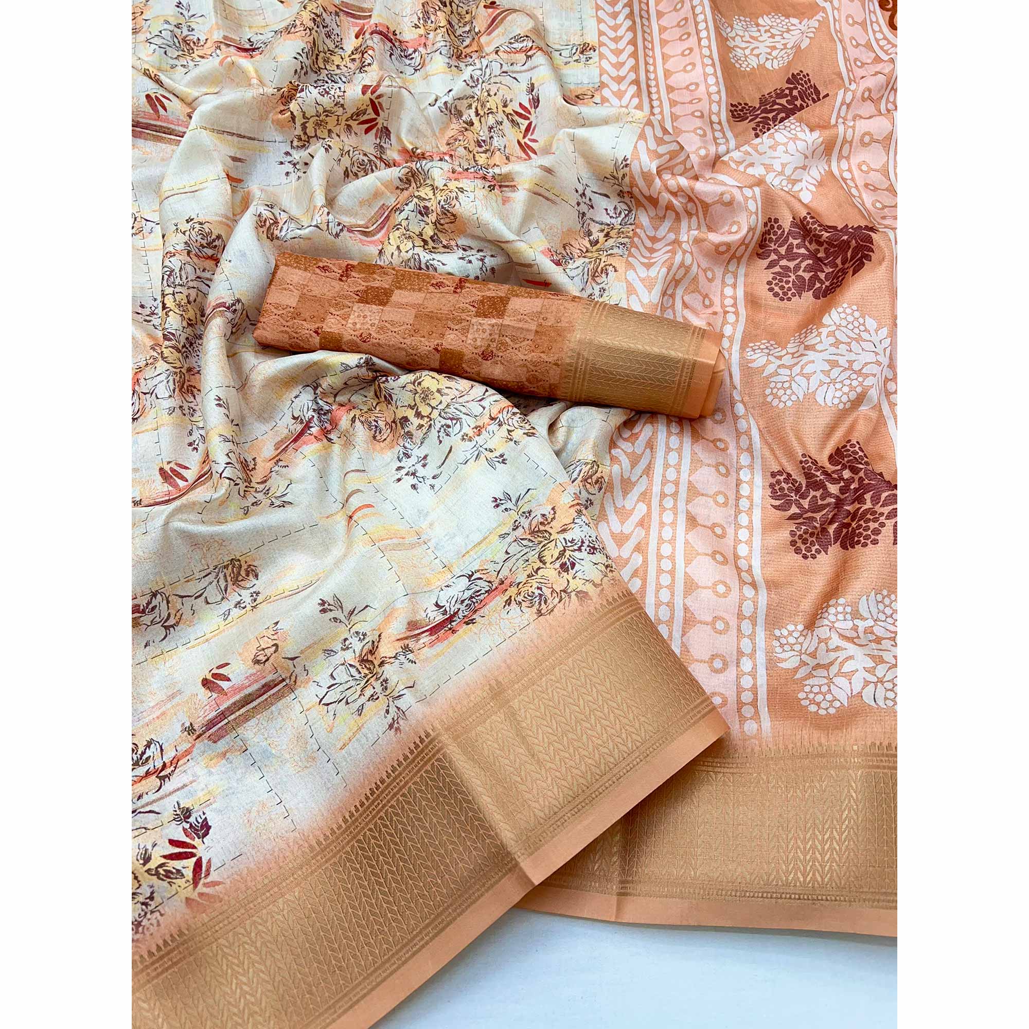 Floral Digital Printed Light Peach Dola Silk Saree Accented With Intricate Woven Border & Tassel