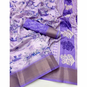 Floral Digital Printed Lavender Dola Silk Saree Accented With Intricate Woven Border & Tassel Pallu