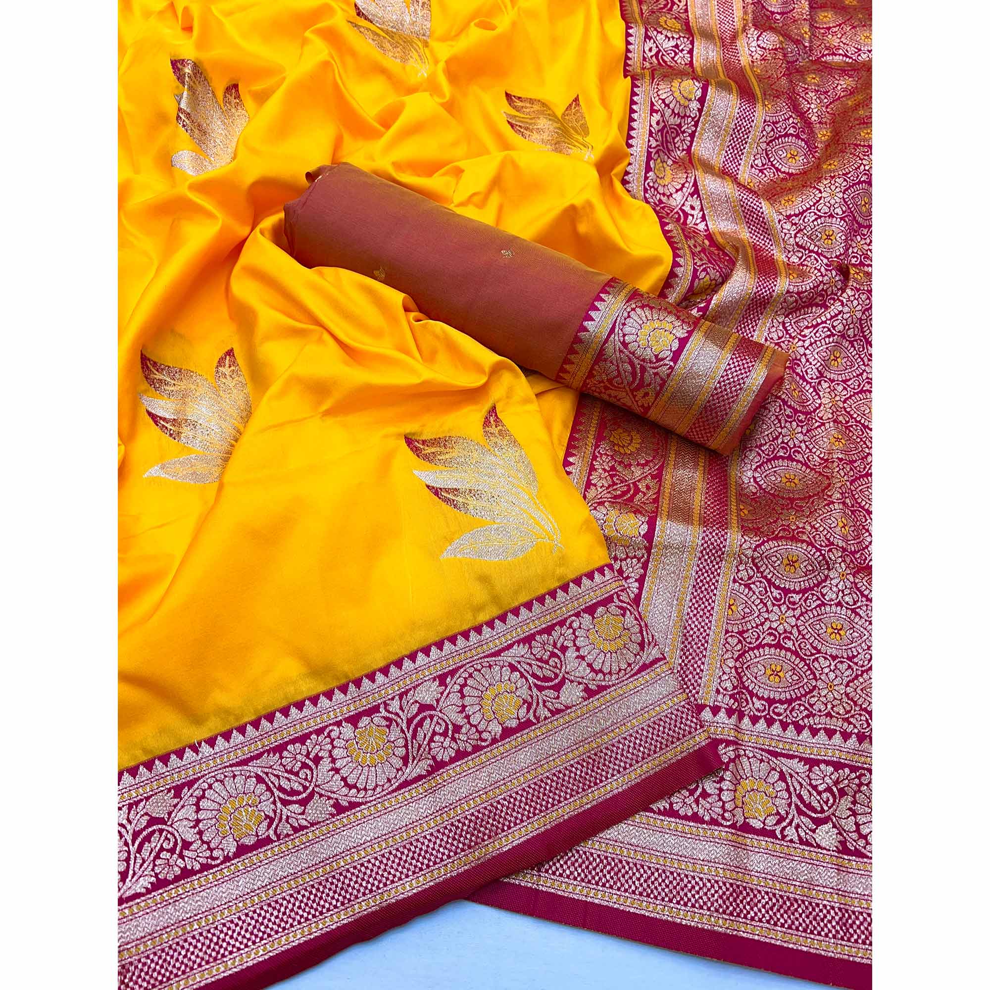 Yellow Saree In Art Silk Adorned With Floral Zari Work & Traditional Banarasi Pallu