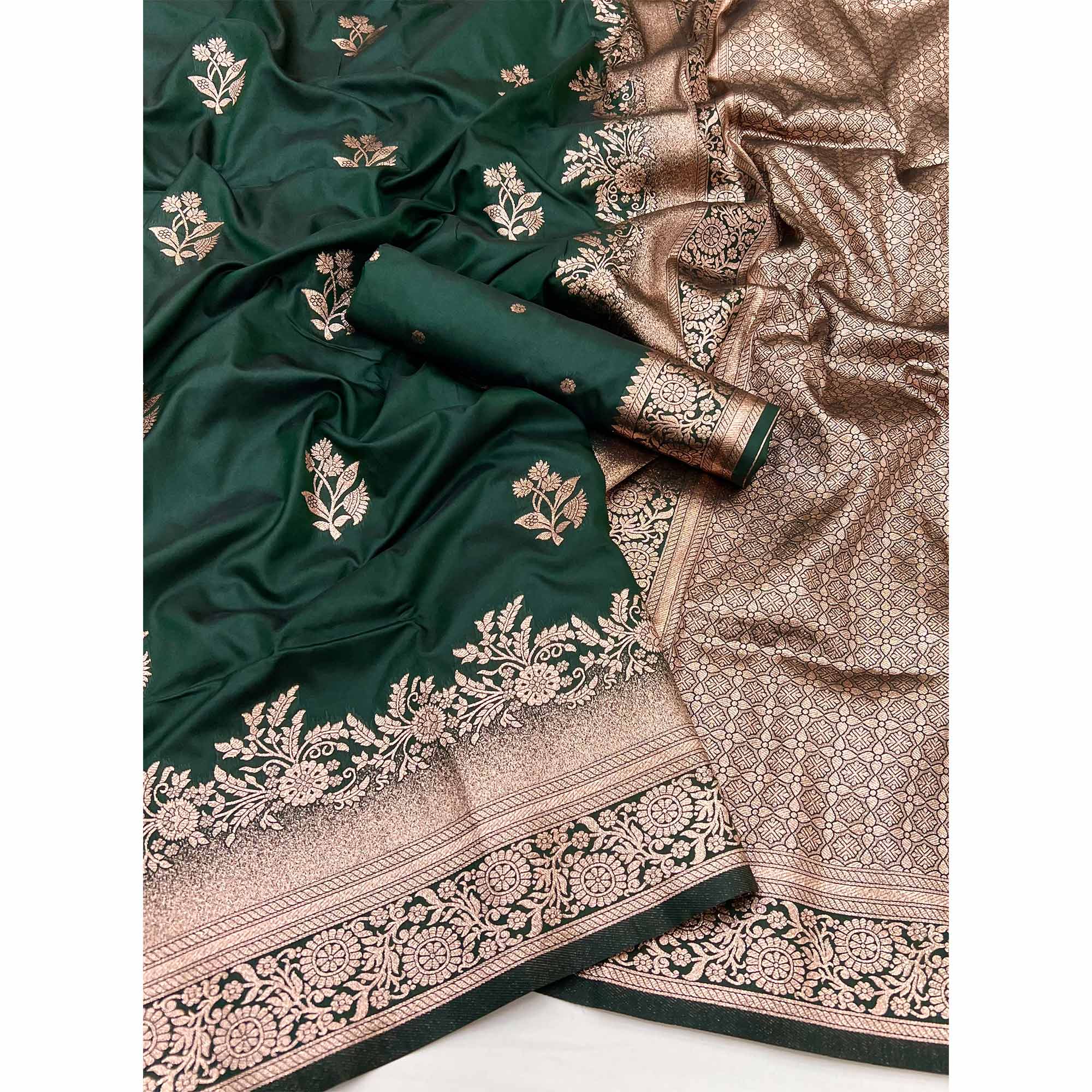 Dark Green Art Silk Saree Featuring Intricate Floral Zari Weaving & An Elegant Banarasi Pallu