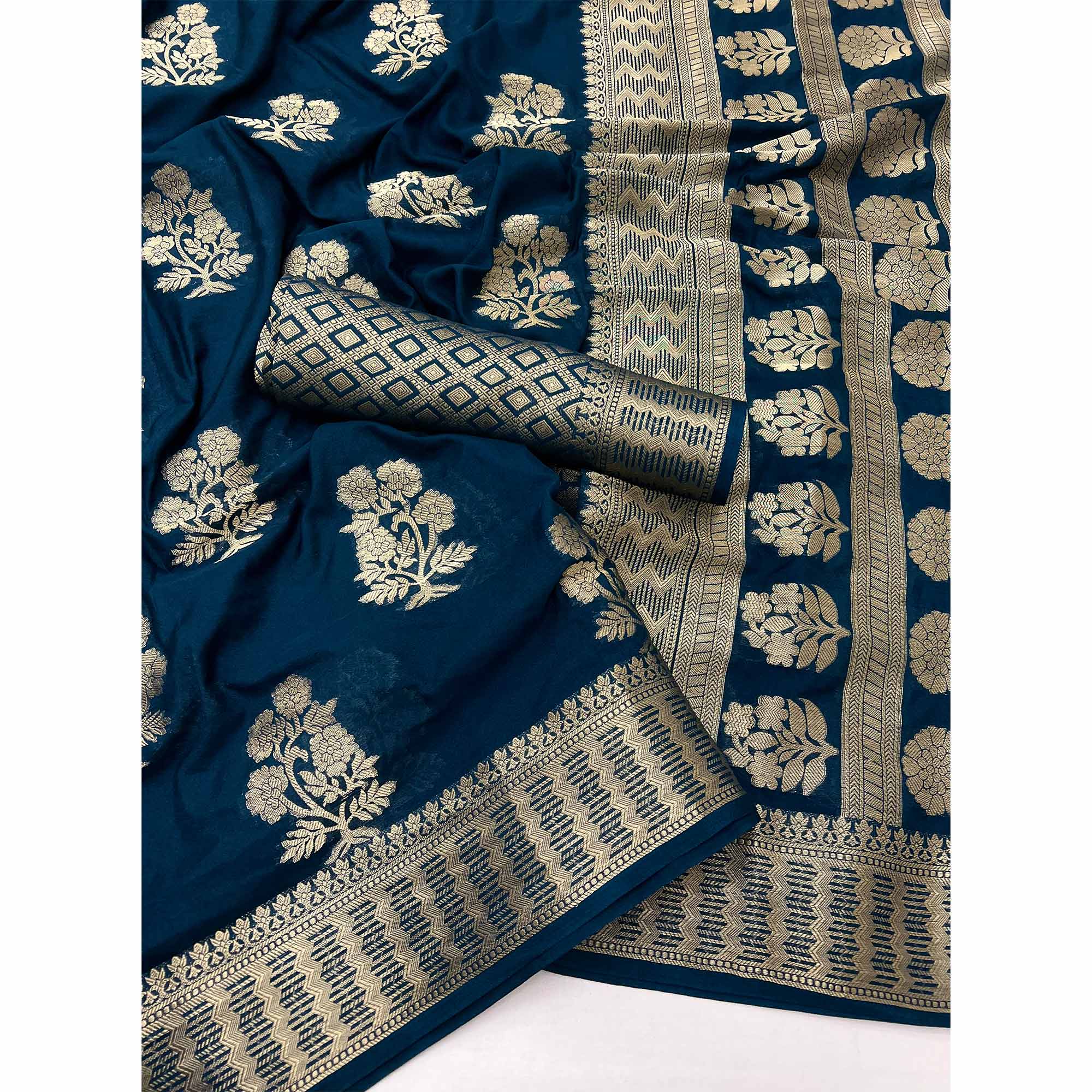 Dark Blue Crepe Silk Saree With Floral Zari Weaving & Stylish Tassel Pallu