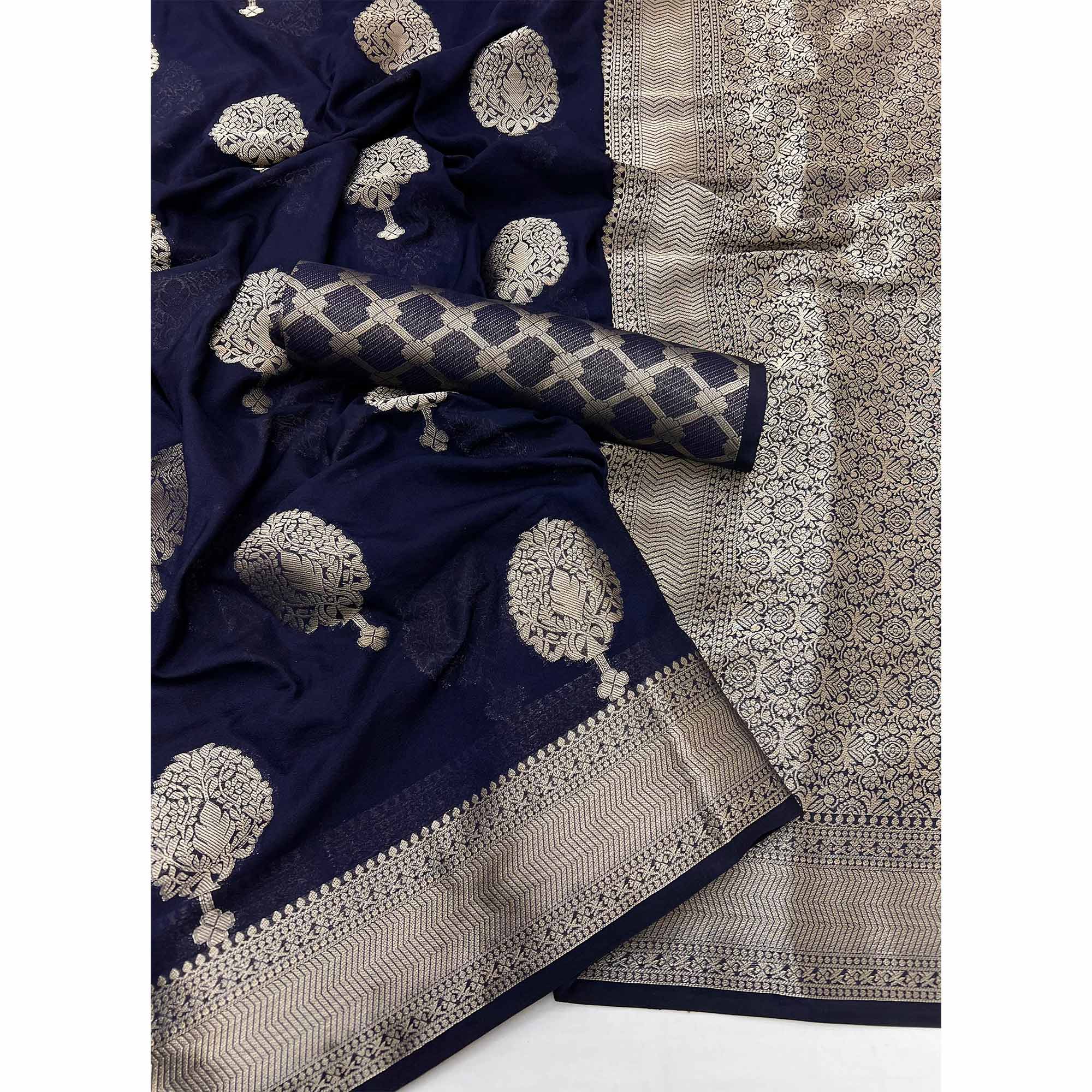 Navy Blue Crepe Silk Saree Featuring Floral Zari Weave & Graceful Tassel Pallu