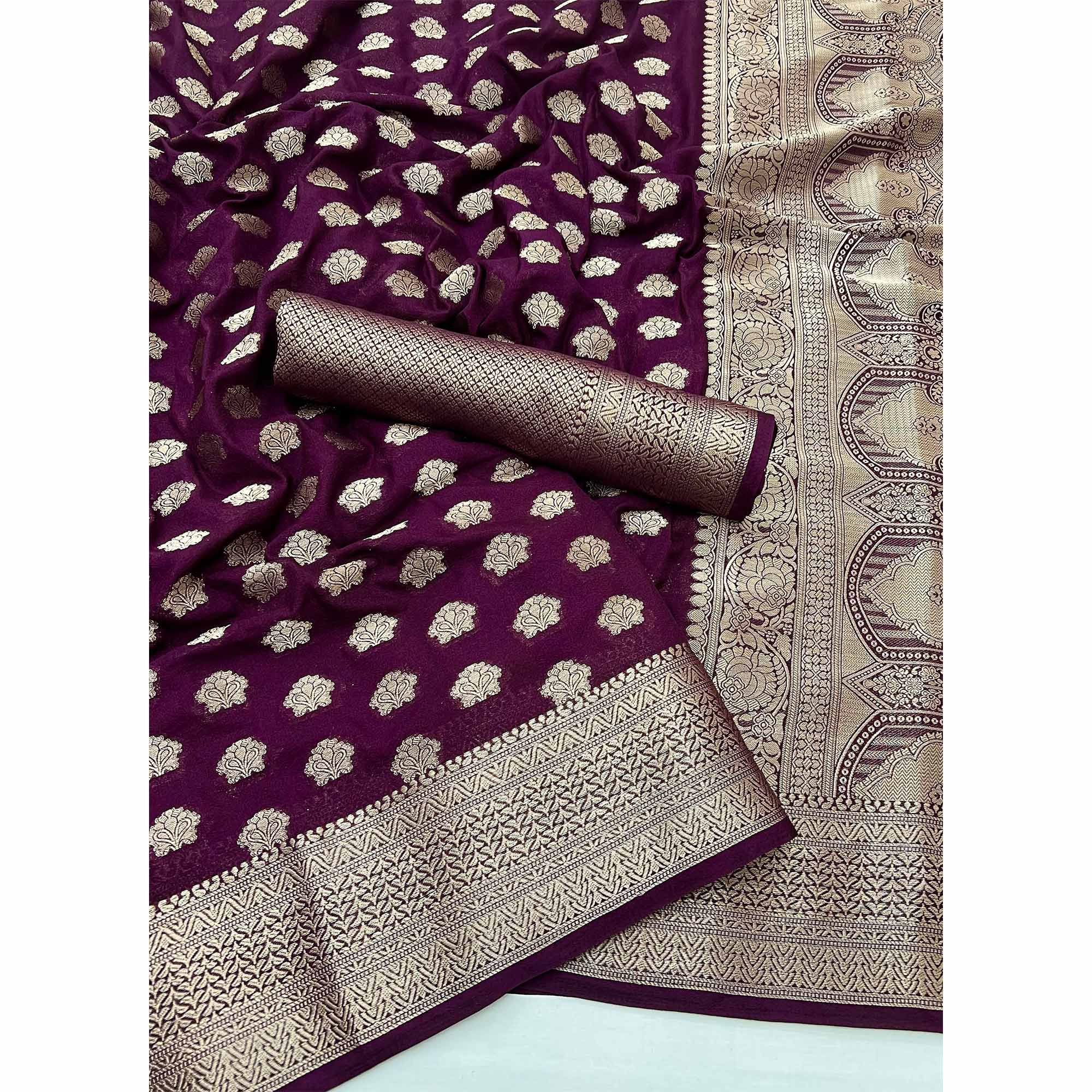 Wine Zari Woven Floral Silk Saree With Chic Tassel Finish Pallu