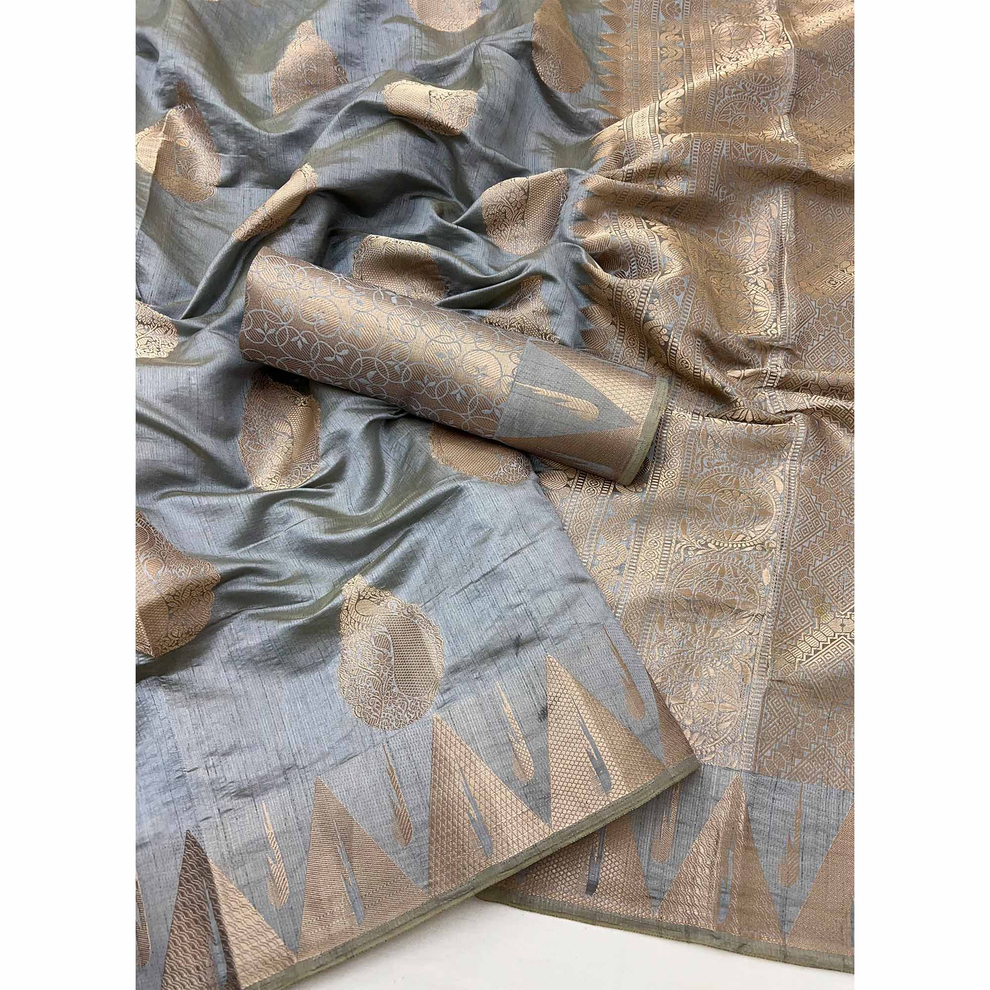 Grey Tusser Cotton Silk Saree With Floral Zari Weaving & Tassel Pallu