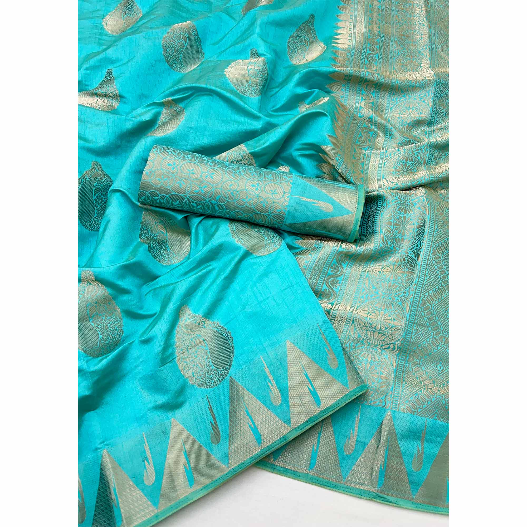 Blue Tusser Cotton Silk Saree With Floral Zari Weaving & Tassel Pallu