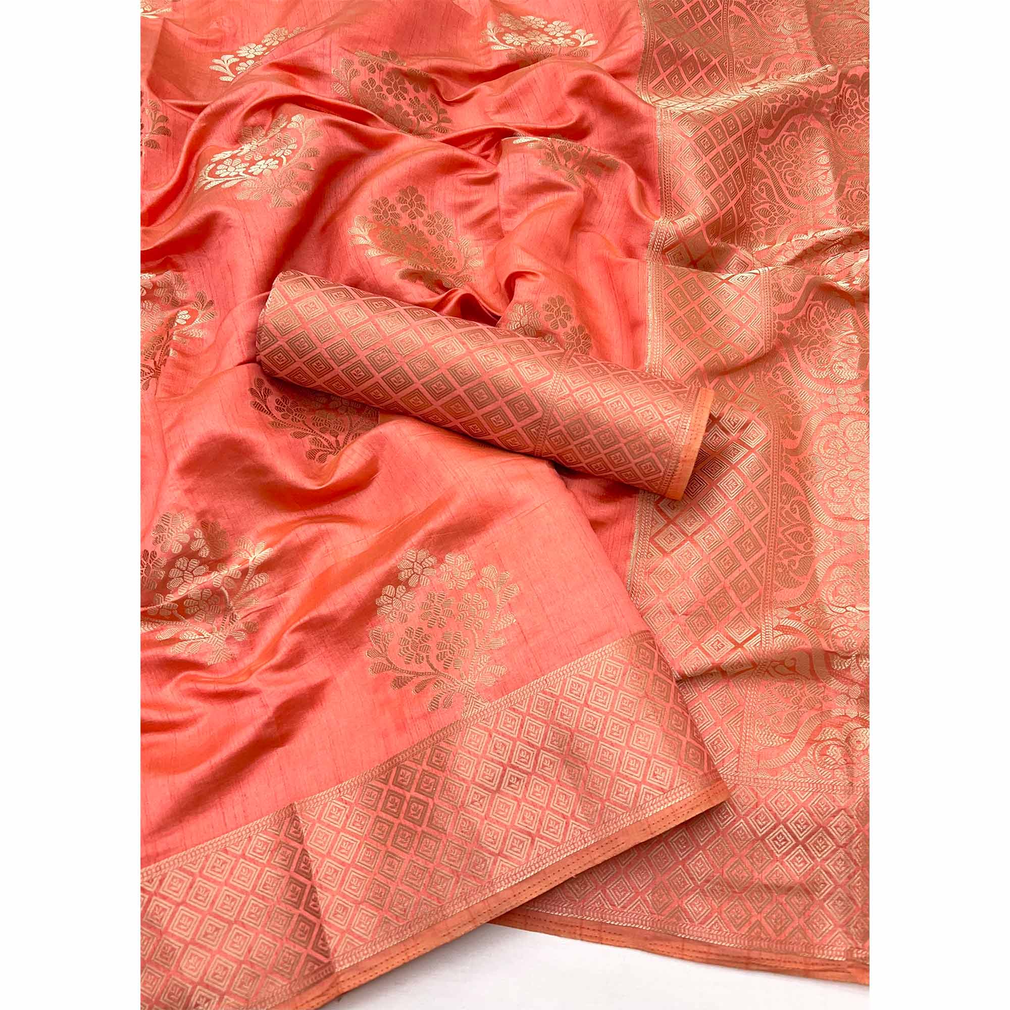 Coral Pink Floral Zari Woven Tusser Cotton Silk Saree With Stylish Tassel Pallu