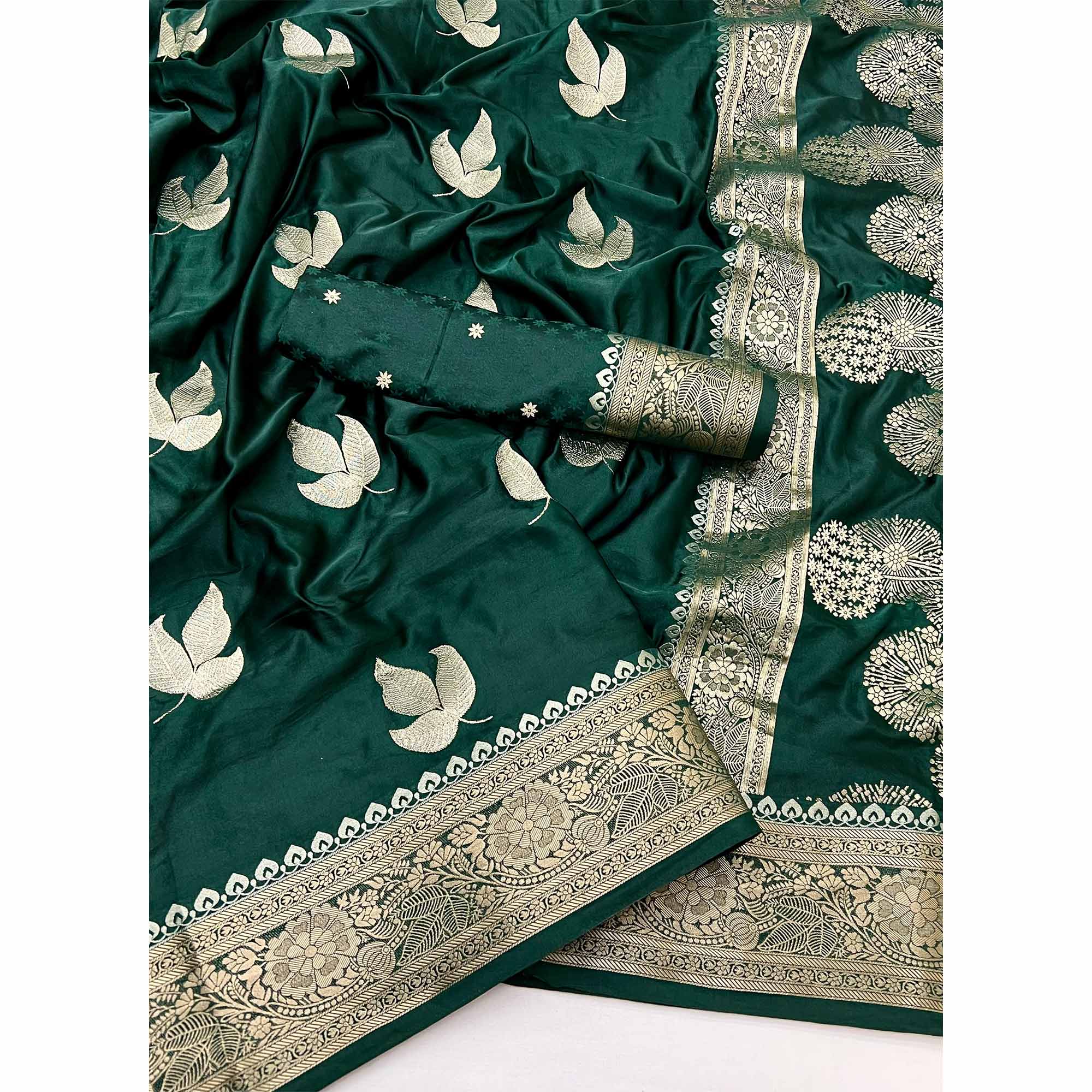 Green Floral Zari Woven Satin Silk Saree With Graceful Tassel Pallu